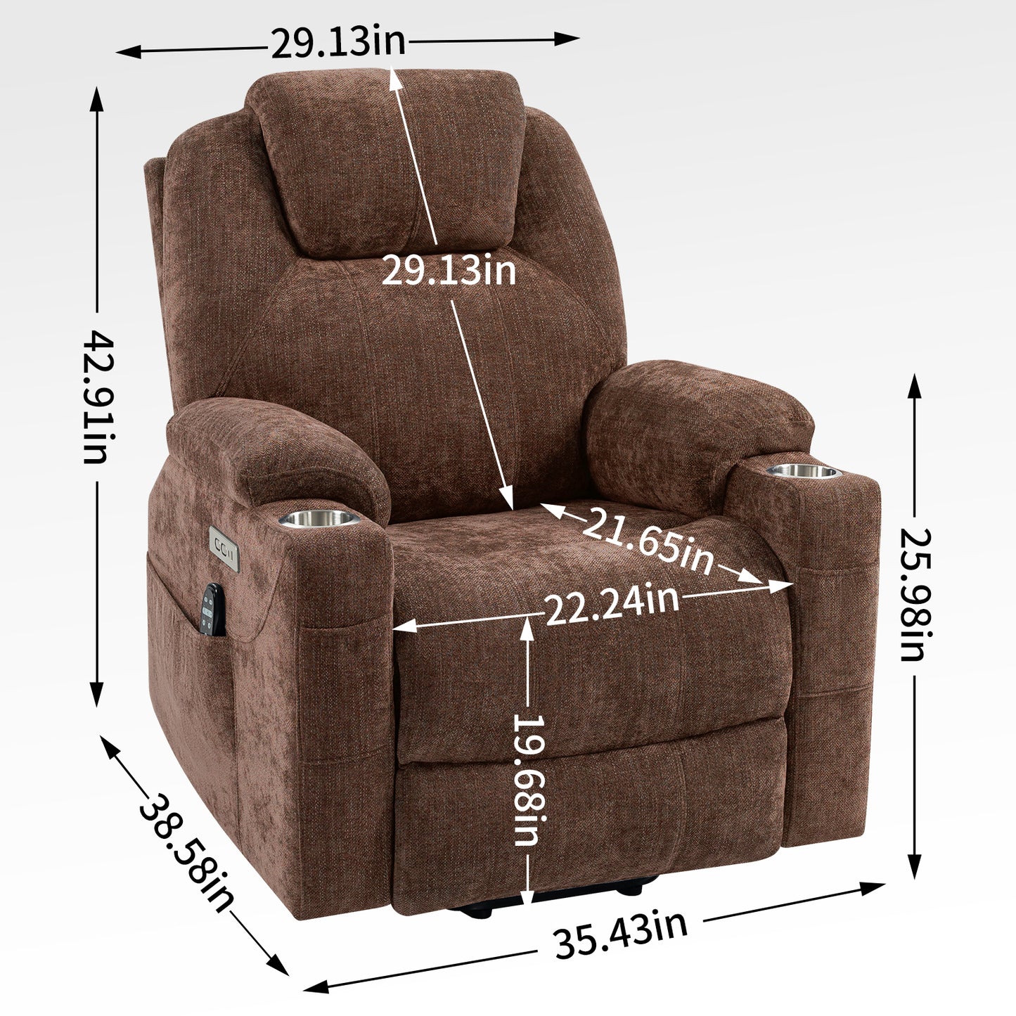 Okin Motor Chenille Power Lift Recliner Chair with Massage, Heating, USB Ports, and Cup Holders - Brown