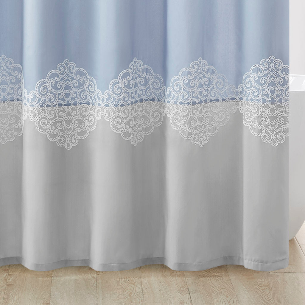 Blue and Grey Embroidered Shower Curtain