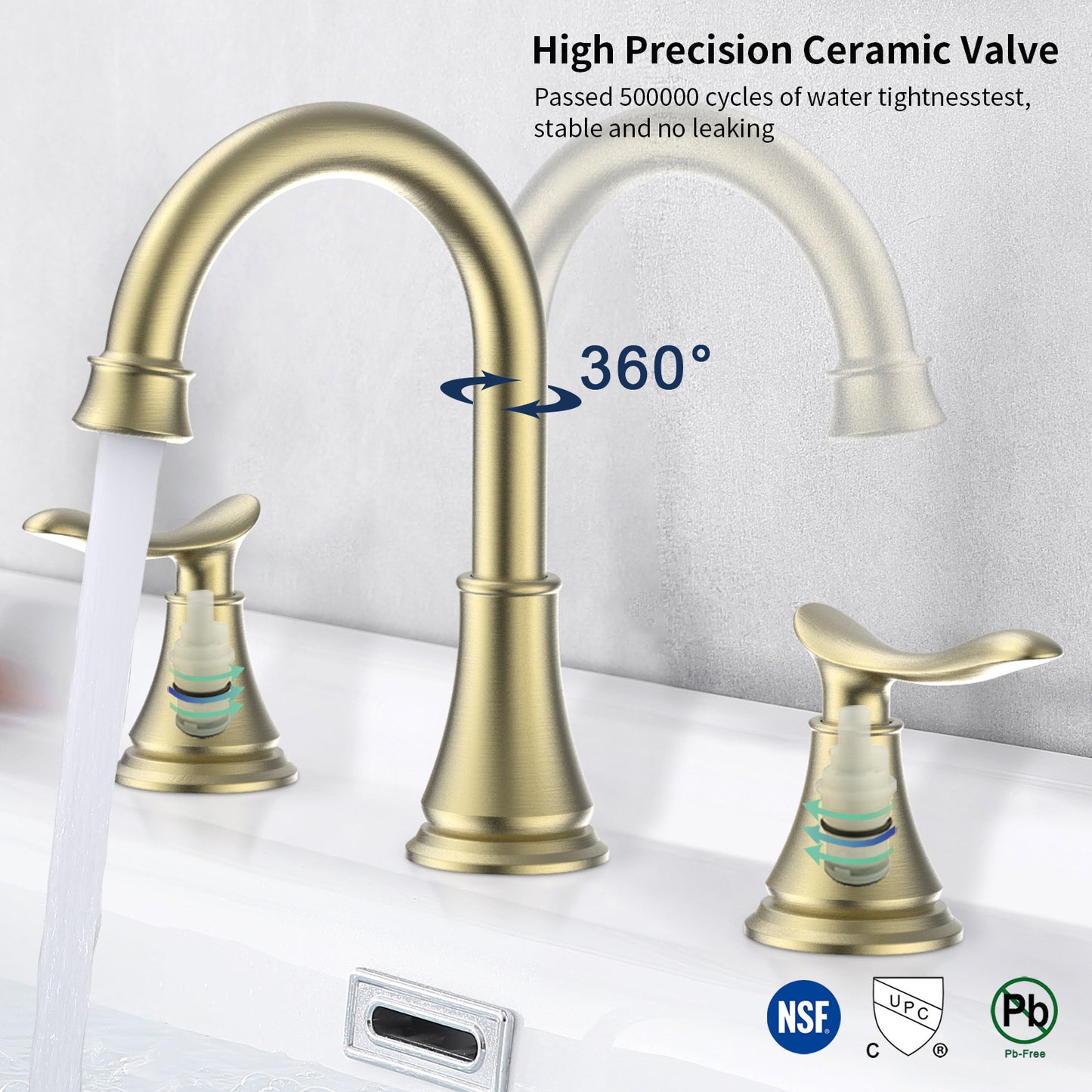 Luxury Brushed Gold 3-Hole Bathroom Sink Faucet with Swivel Spout