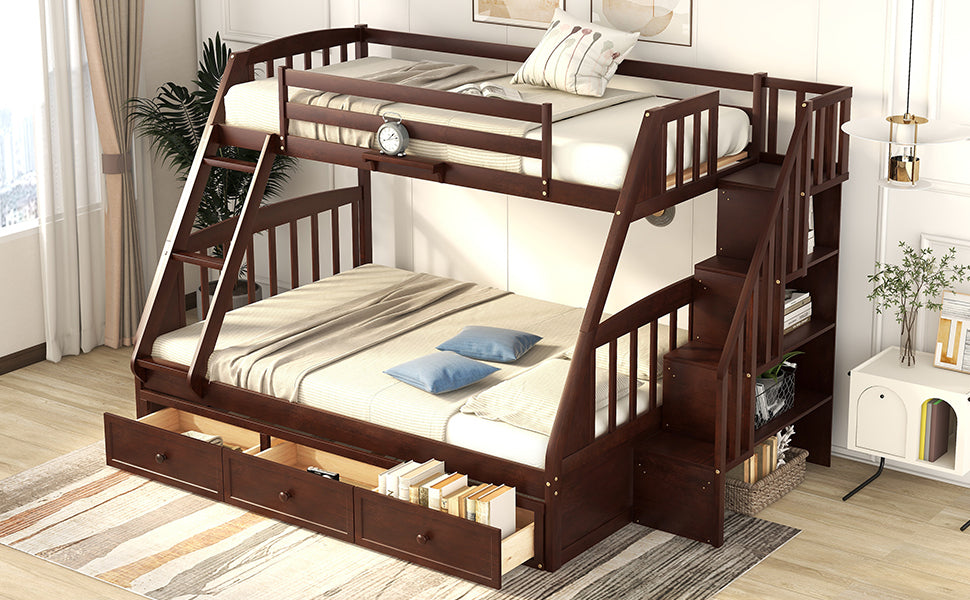 Espresso Twin-Over-Full Bunk Bed with Storage Stairs and Drawers - Versatile Family Sleeping Solution