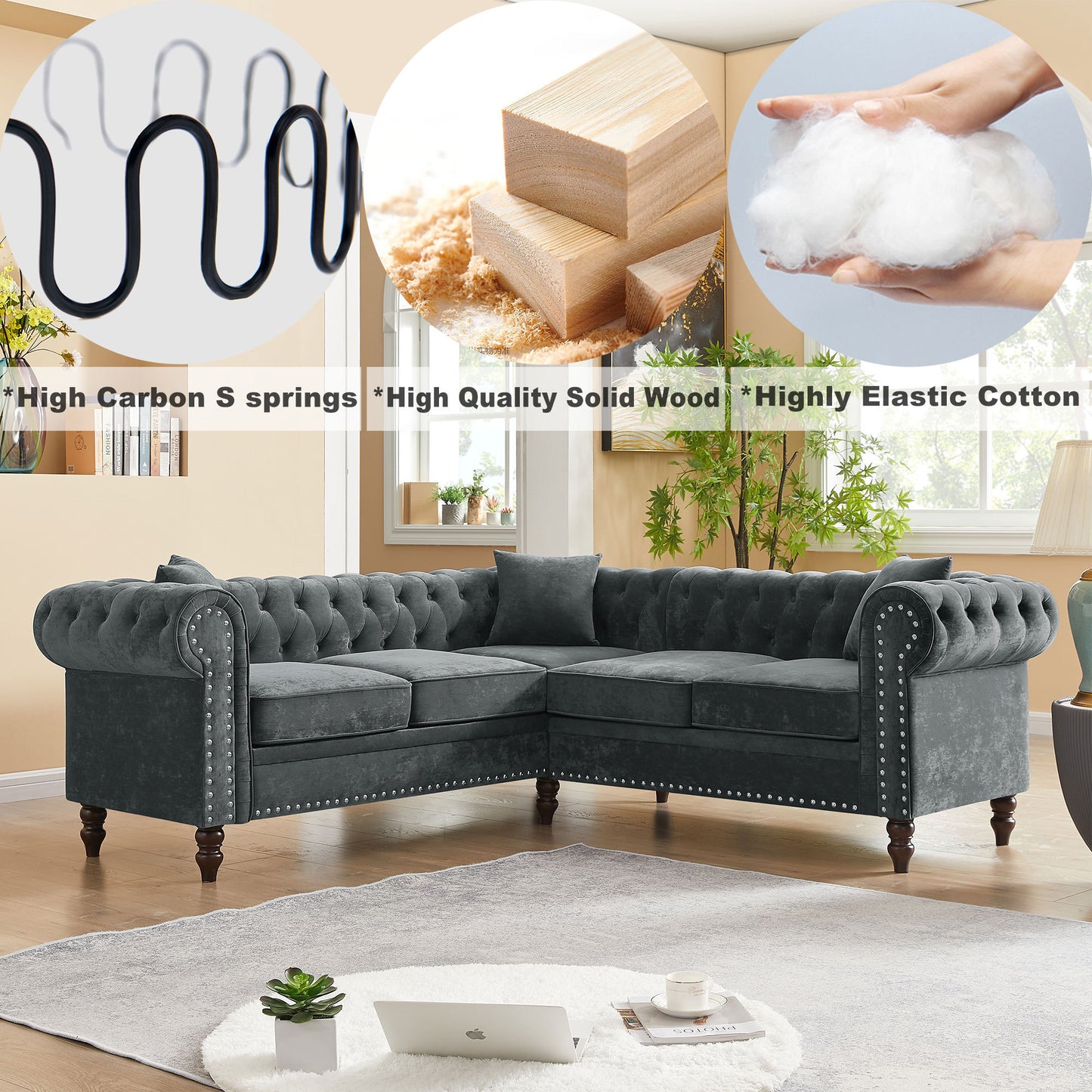 MH 80 Deep Button Tufted Upholstered Grey Velvet L-shaped Sofa with 3 Pillows and Solid Wood Gourd Legs