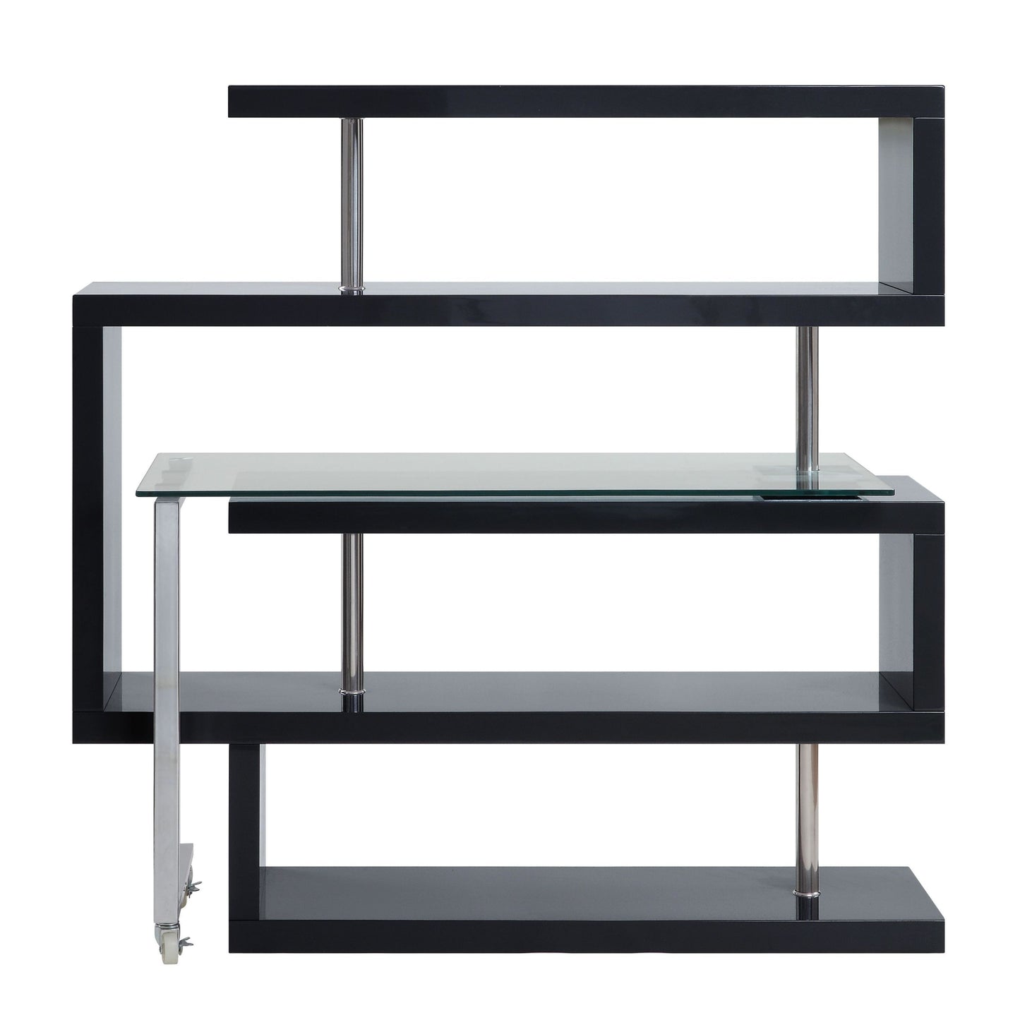 Modern Glass-Top Writing Desk with S-Shaped Shelf, Black and Chrome Finish