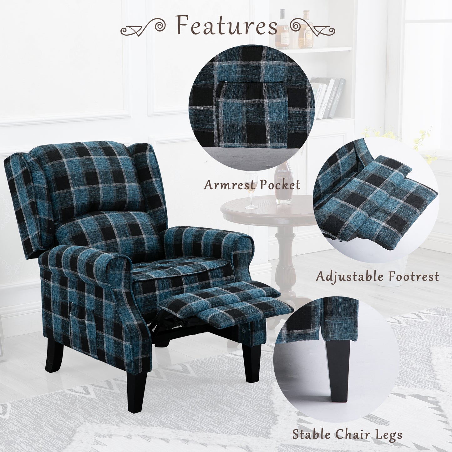 Vintage Armchair Sofa Comfortable Upholstered leisure chair / Recliner Chair for Living Room(Blue Check)