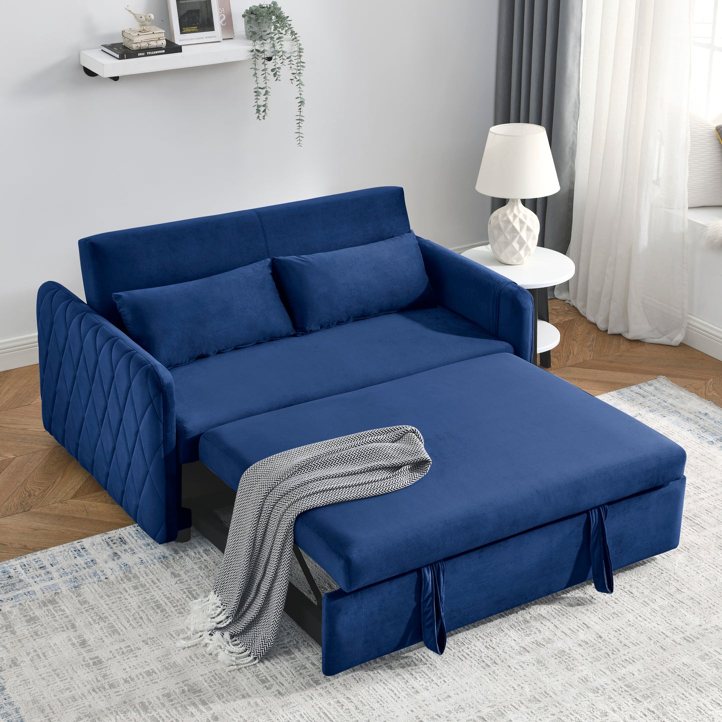 55 Convertible Velvet Sofa Bed with Adjustable Backrest and Storage Pockets