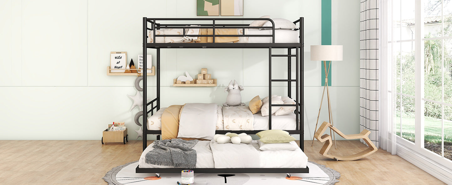 Stylish Contemporary Metal Bunk Bed with Trundle - Sleek Black Design