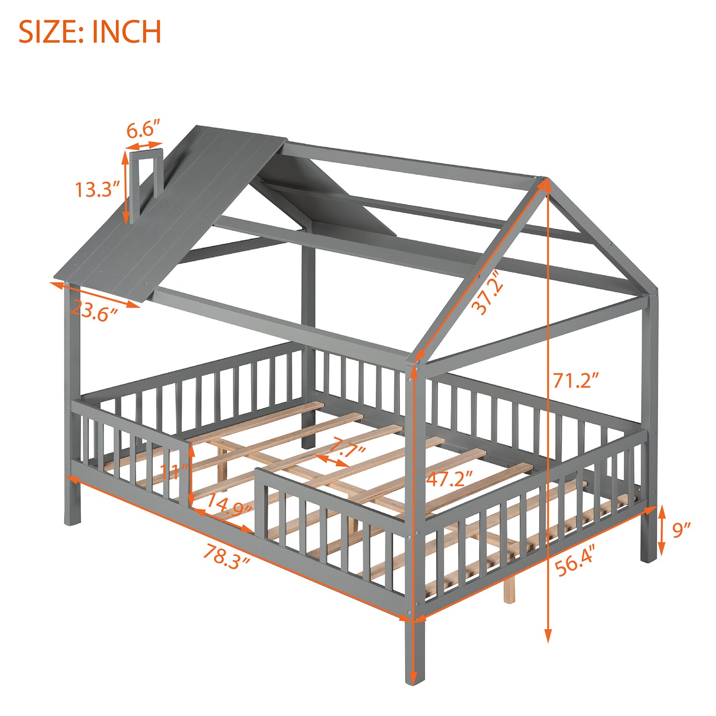 Full Size Wood House Bed with Fence, Gray