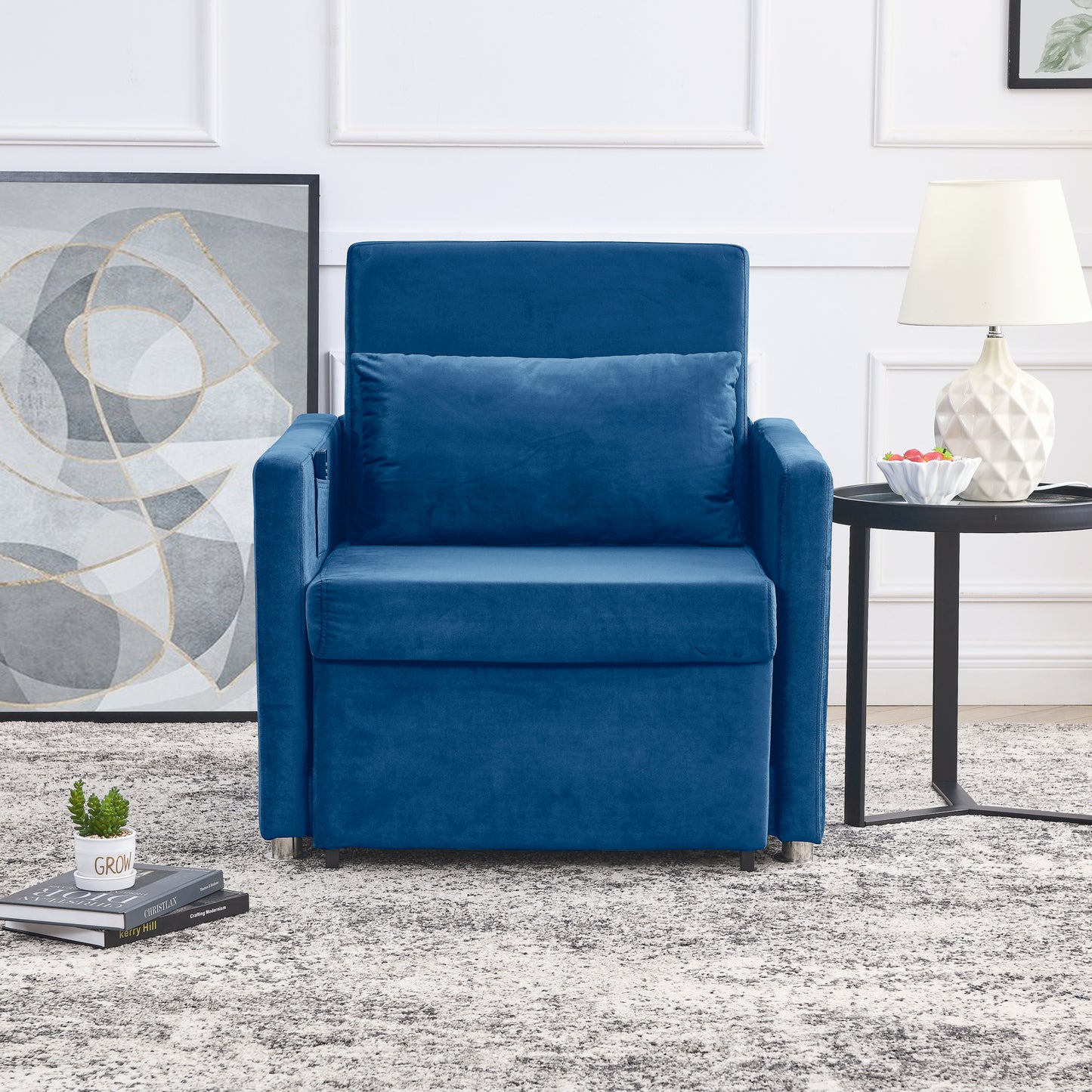 Sofa Bed Chair 2-in-1 Convertible Chair Bed, Lounger Sleeper Chair for Small Space with One Pillow, Blue Velvet