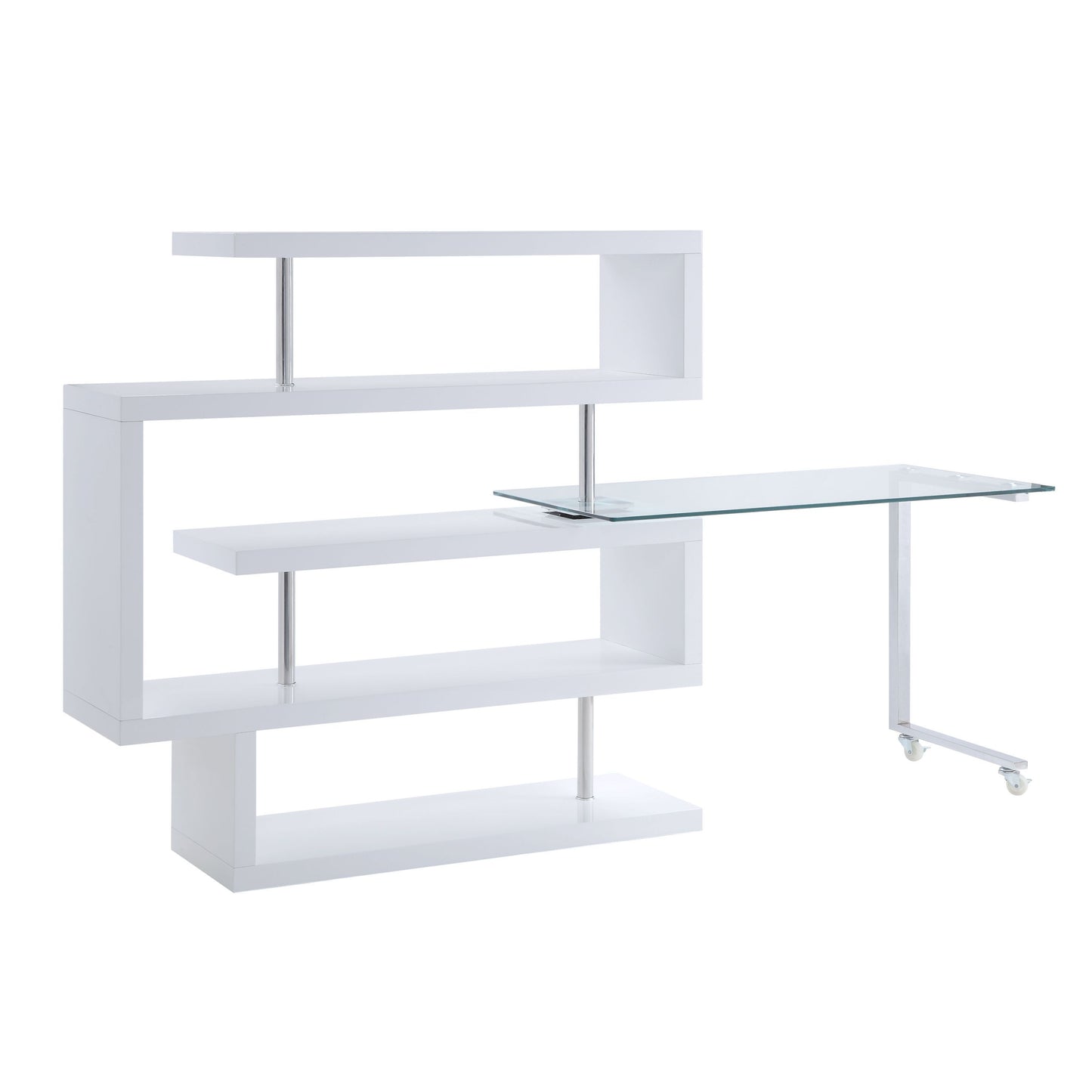 Sleek Clear Glass Writing Desk with Curved Shelf and White & Chrome Finish