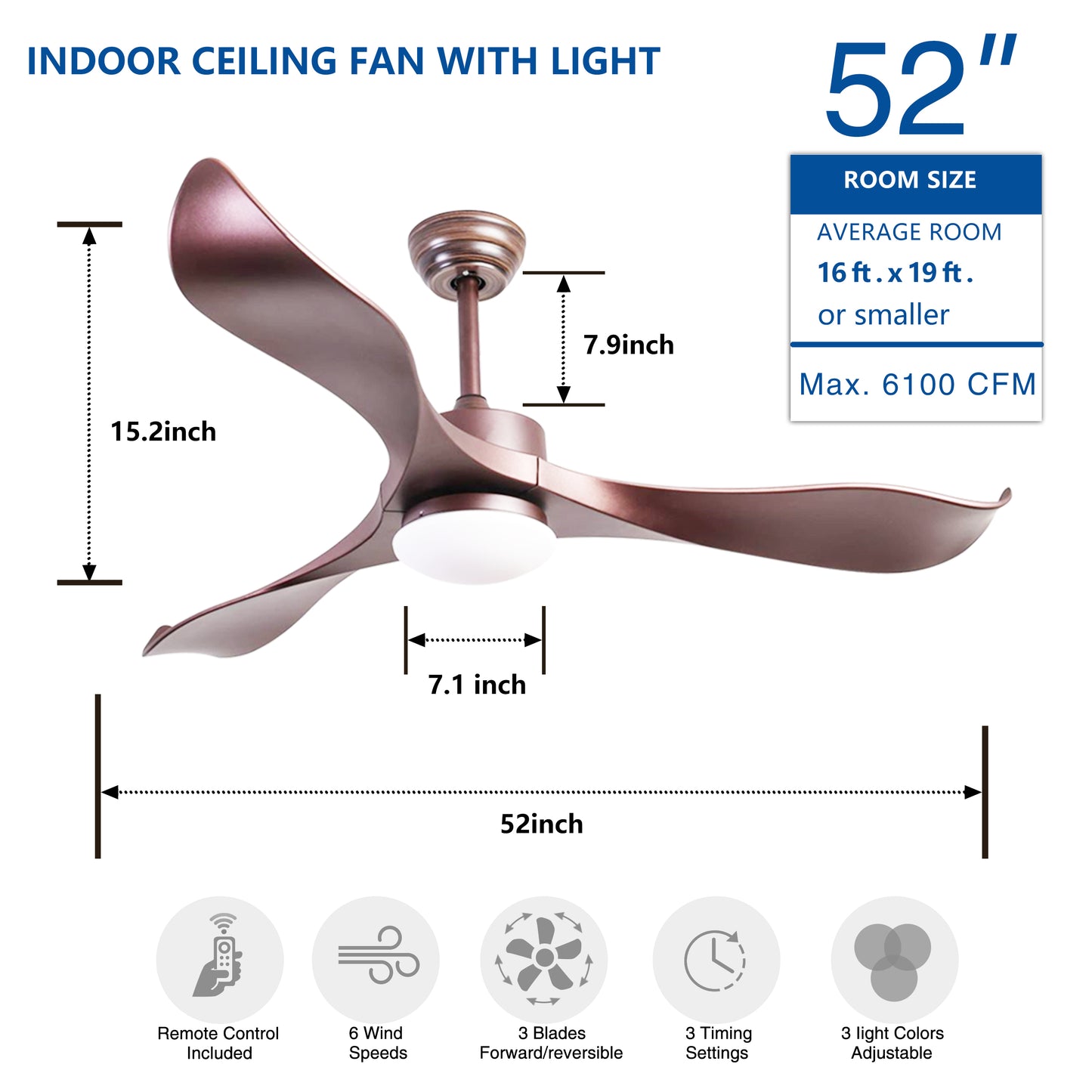 52-inch Ceiling Fan with Lights, 3 ABS Fan Blades, Classical Style Fan with Remote Control, Quiet Reversible DC Motor for Patio/Bedroom/Living Room