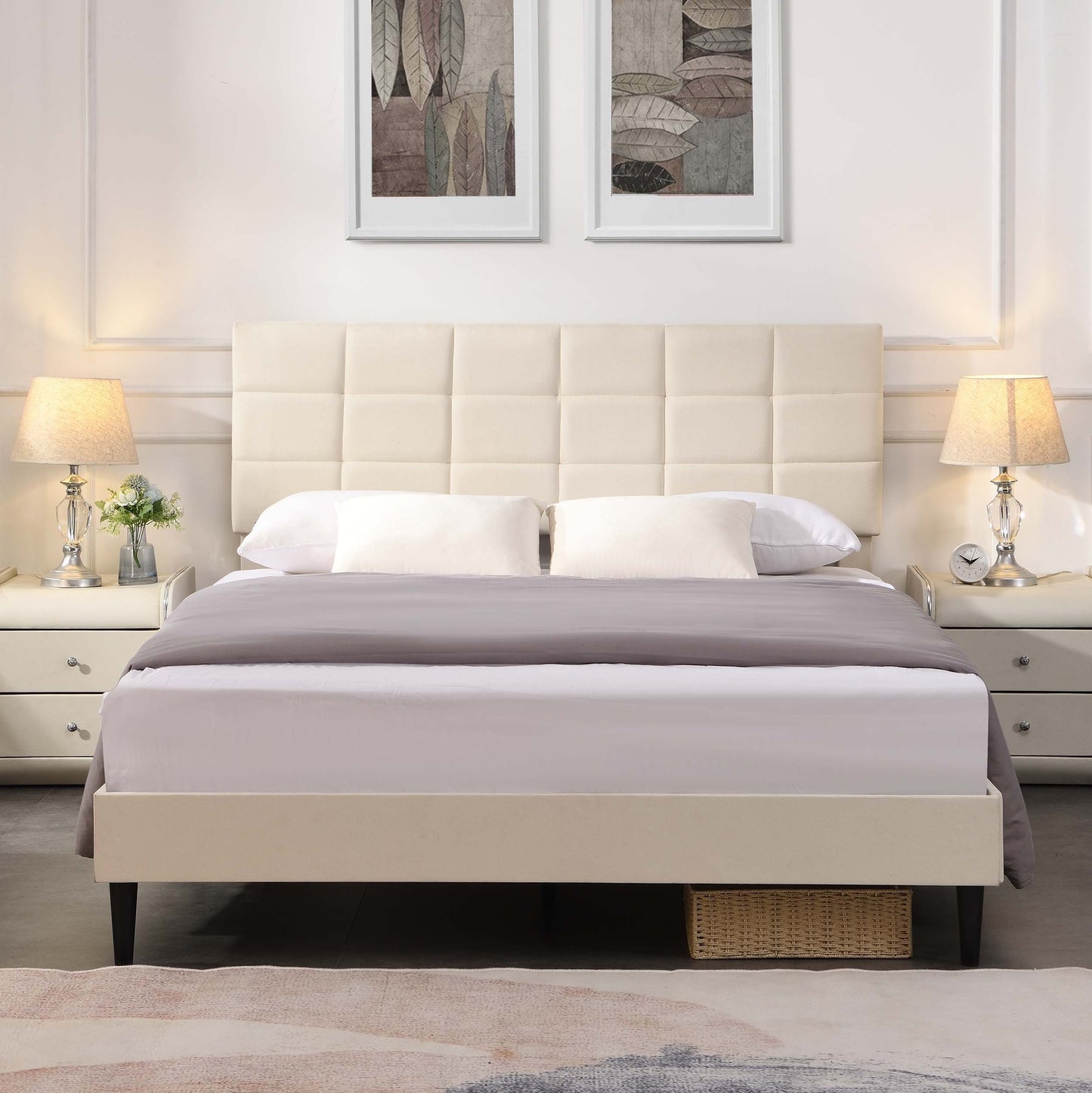 Queen Size Platform Bed Frame with Fabric Upholstered Headboard and Wooden Slats, No Box Spring Needed/Easy Assembly, Beige