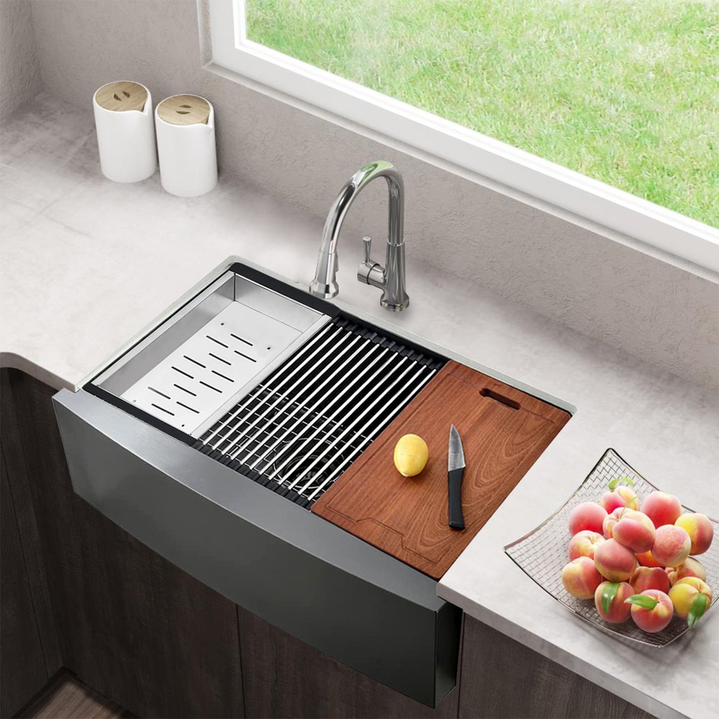 Matte Black Stainless Steel Farmhouse Kitchen Sink with Workstation Design and Accessory Kit - 33 L x 22 W