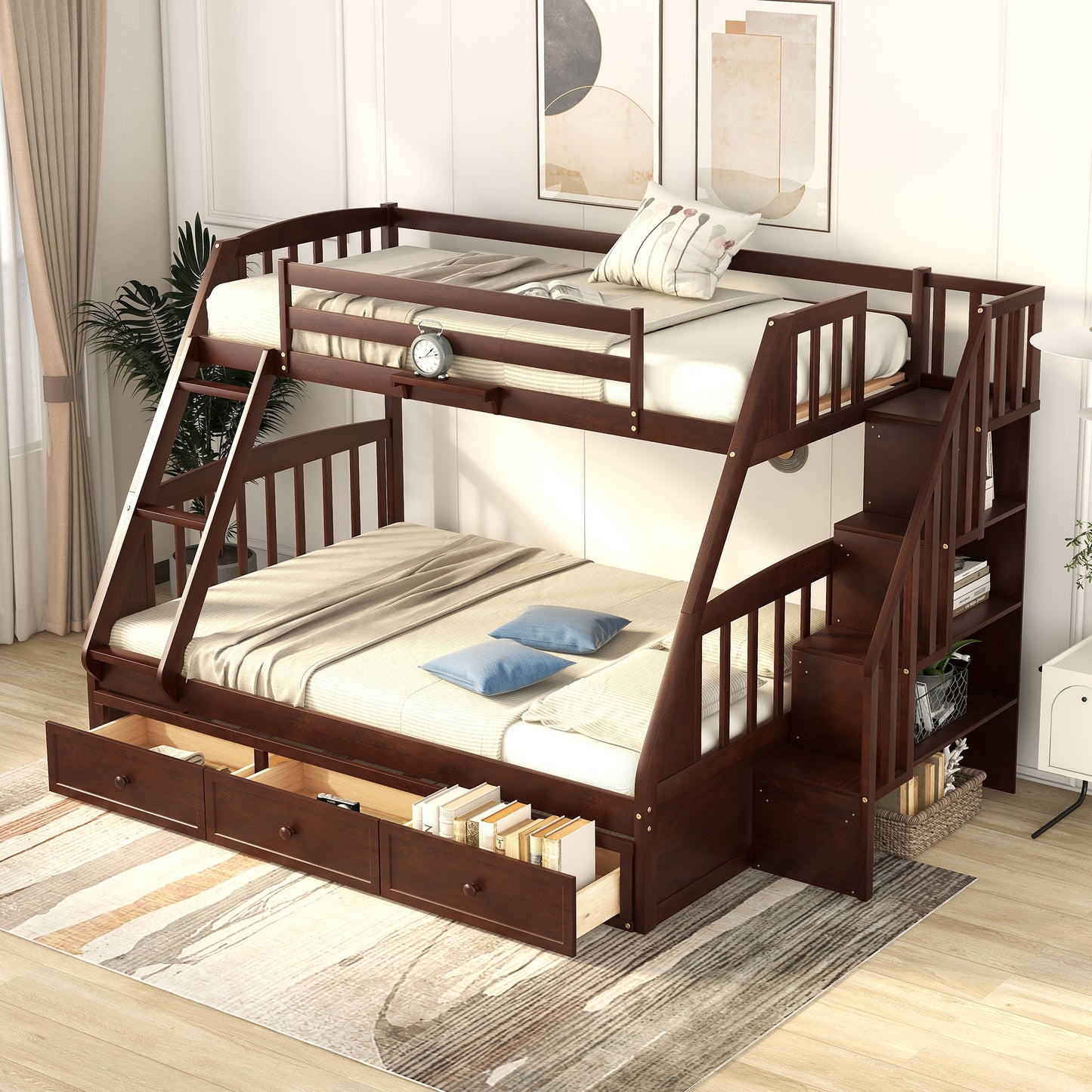 Espresso Twin-Over-Full Bunk Bed with Storage Stairs and Drawers - Versatile Family Sleeping Solution