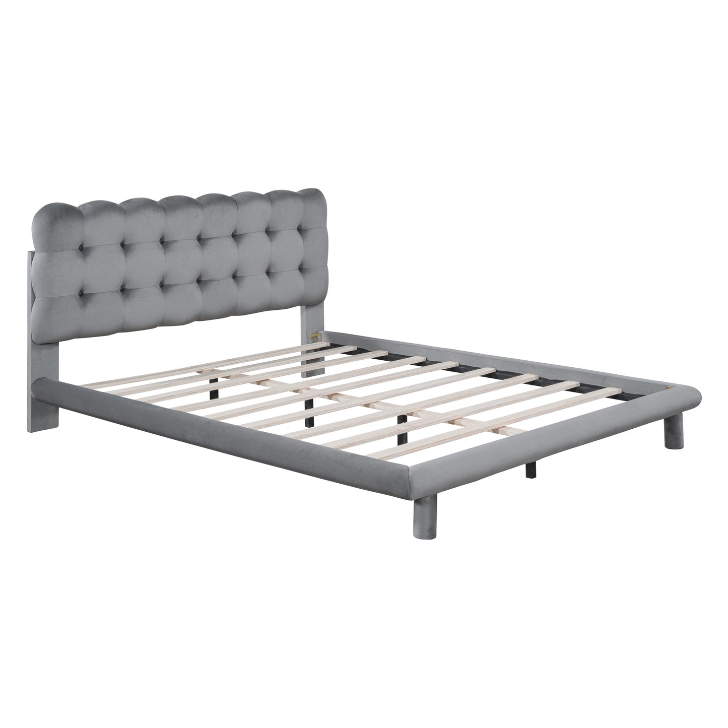 Queen Size Velvet Platform Bed with LED Frame, Thick & Soft Fabric and Button-tufted Design Headboard, Gray