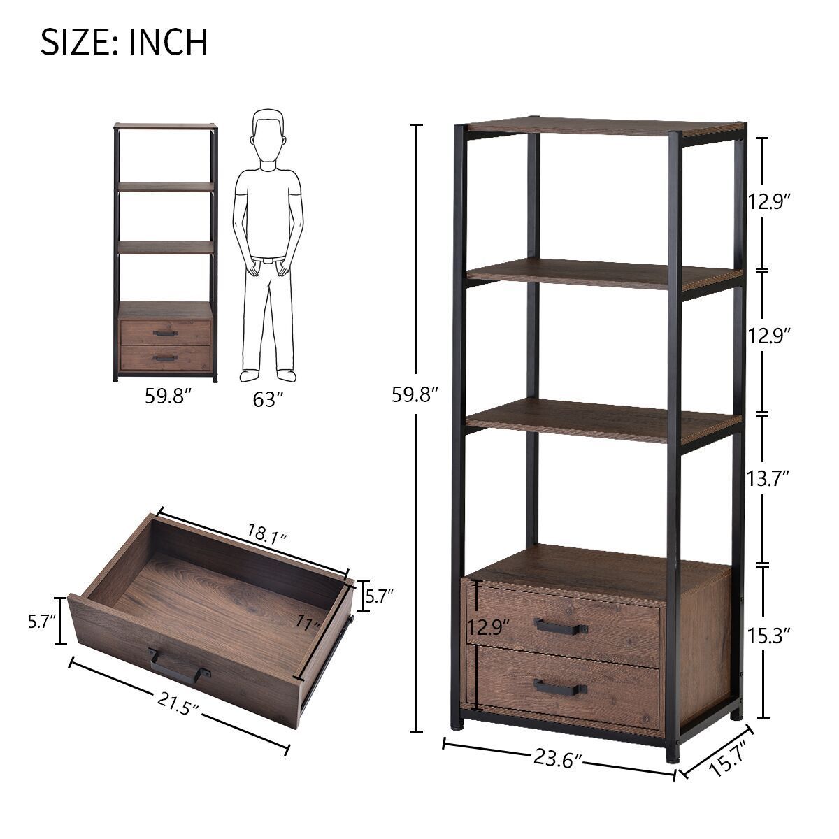 Home Office 4-Tier Bookshelf, Simple Industrial Bookcase Standing Shelf Unit Storage Organizer with 4 Open Storage Shelves and Two Drawers, Brown