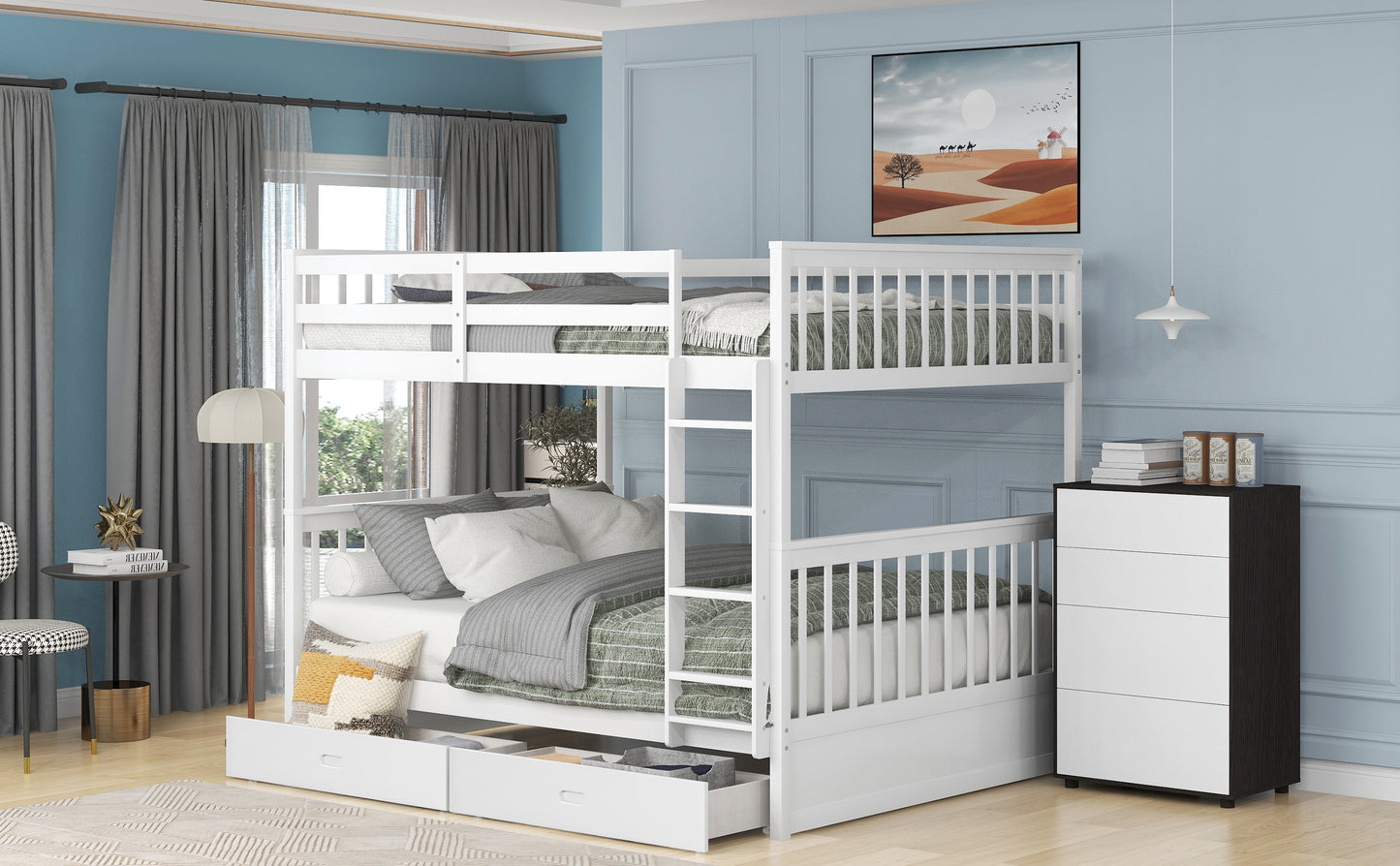 White Full-Over-Full Bunk Bed with Ladders and Two Underbed Drawers