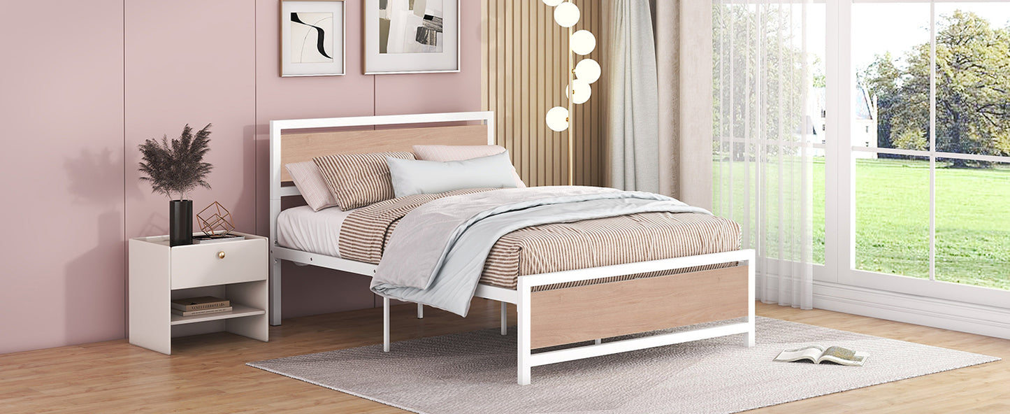 Full Size Platform Bed, Metal and Wood Bed Frame with Headboard and Footboard , White