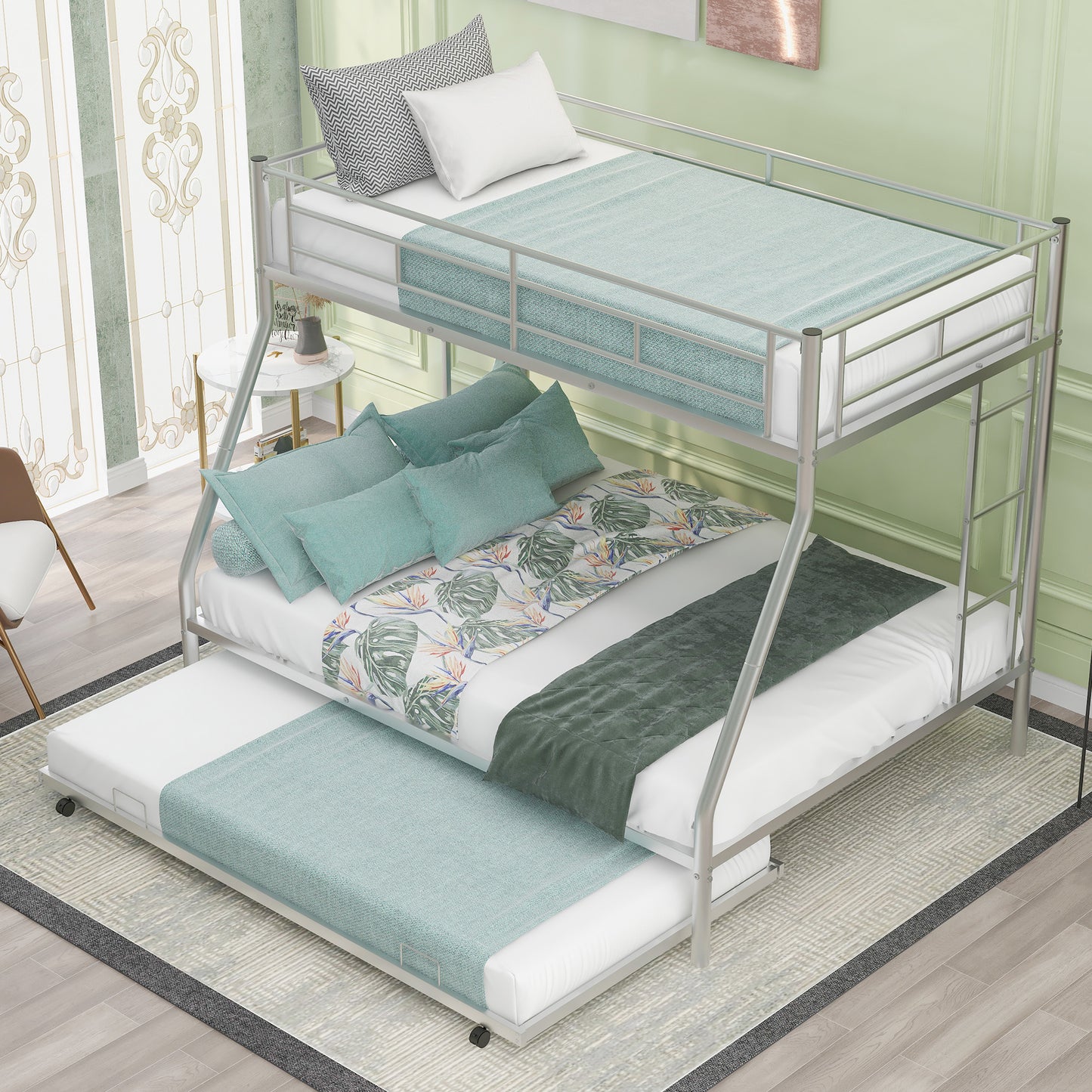 Silver Steel Bunk Bed Set with Twin Trundle and Two-Side Ladders