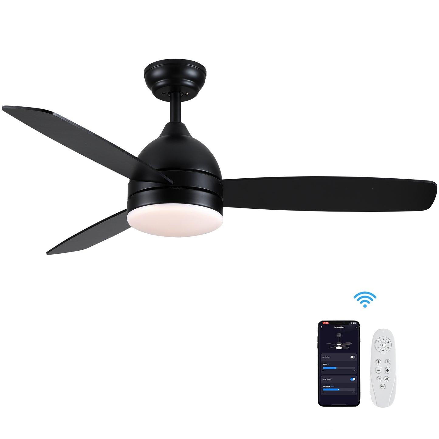 48-inch Smart Black Ceiling Fan with Remote Control, LED Light, and Plywood Blades