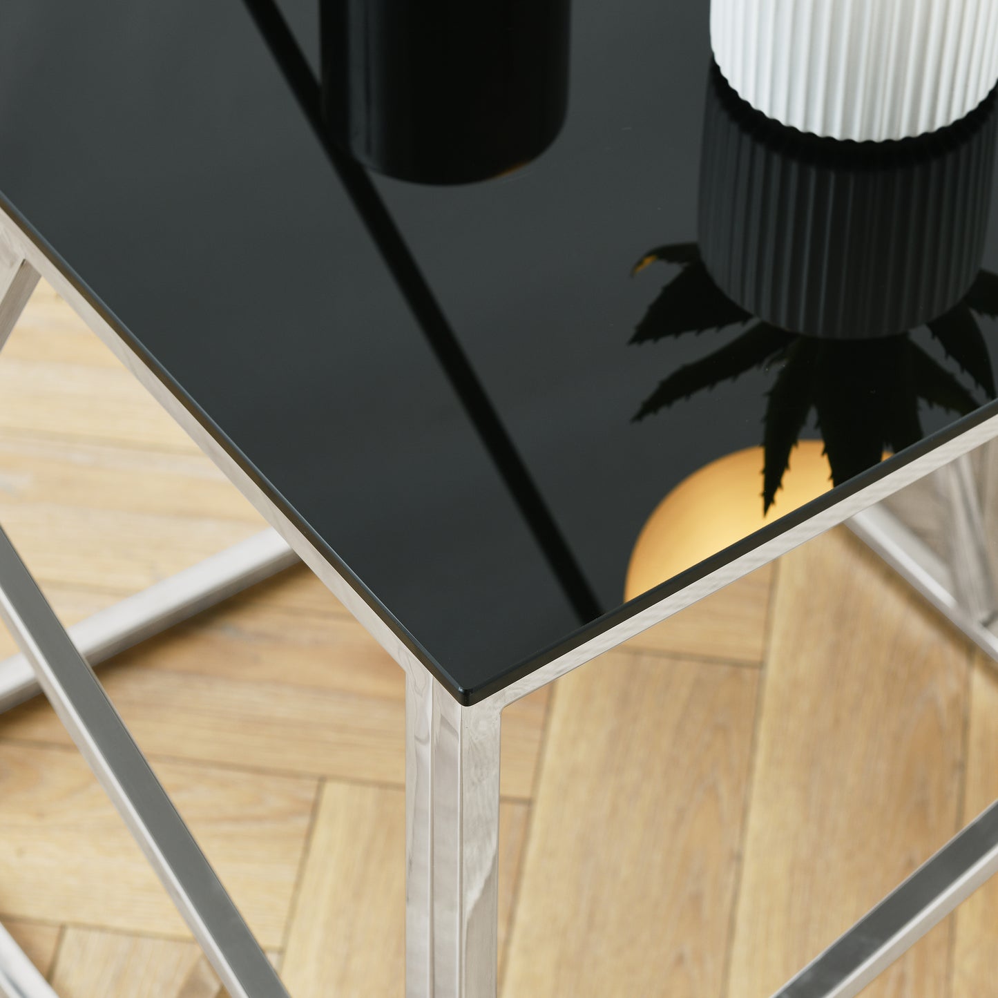 Sleek Black Glass and Chrome Coffee Table for Modern Living Spaces