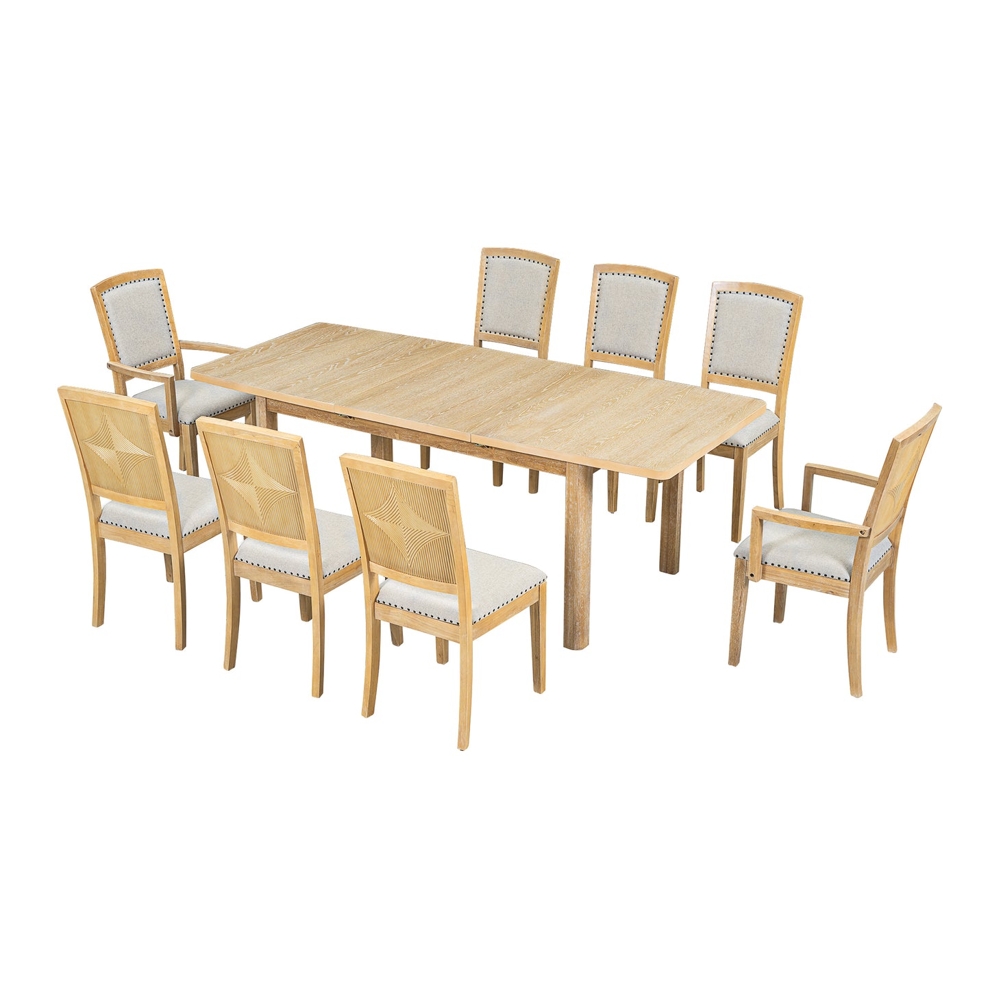 Rustic Extendable 84inch Dining Table Set with 24inch Removable Leaf , 6 Upholstered Armless Dining Chairs and 2 Padded Arm Chairs, 9 Pieces, Natural