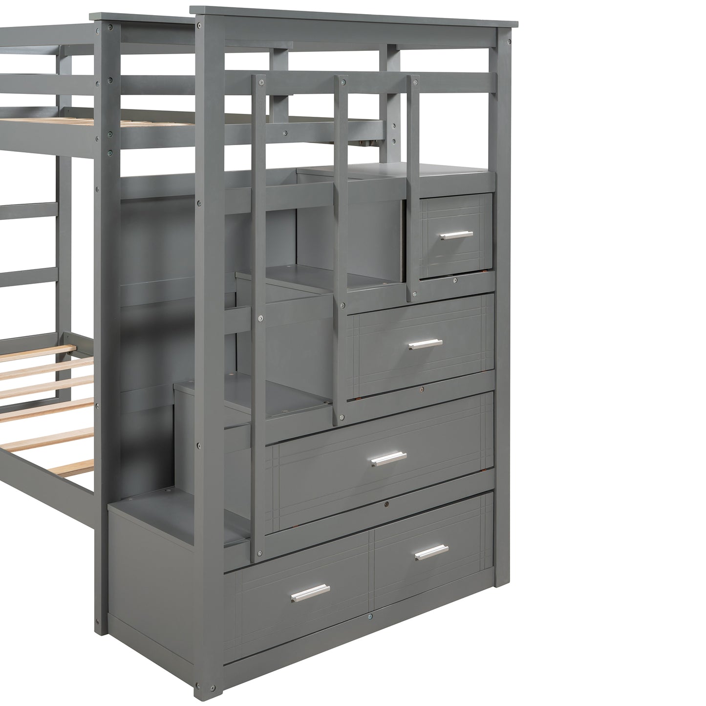 Twin Bunk Bed with Staircase, Trundle, and Storage Drawers in Natural Gray Finish