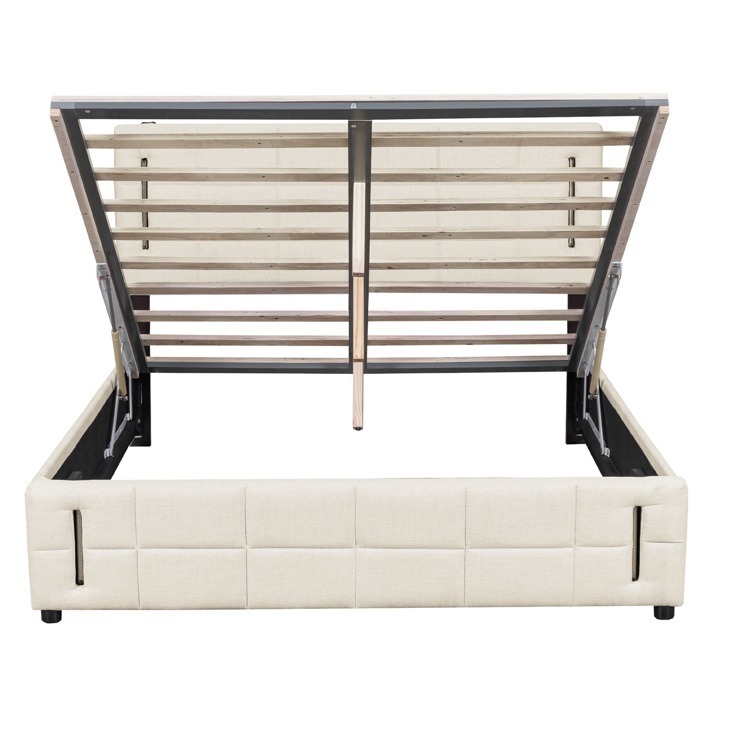 Queen Size Upholstered Bed with Hydraulic Storage System and LED Light, Beige