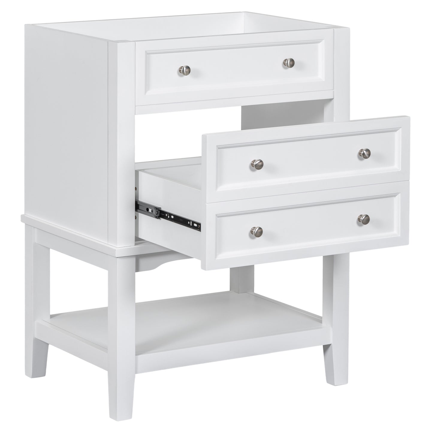 24" Bathroom Vanity Without Sink, Base Only, Solid Wood Frame, Bathroom Storage Cabinet with Drawer and Open Shelf, White