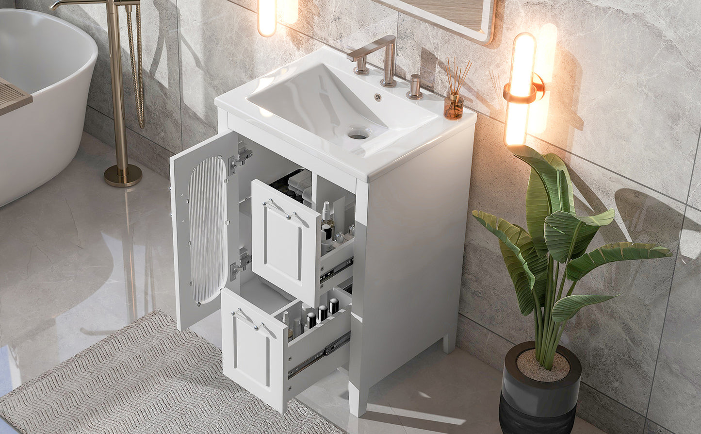 24-Inch White Bathroom Vanity Cabinet with Sink, Two Drawers, and Adjustable Shelf