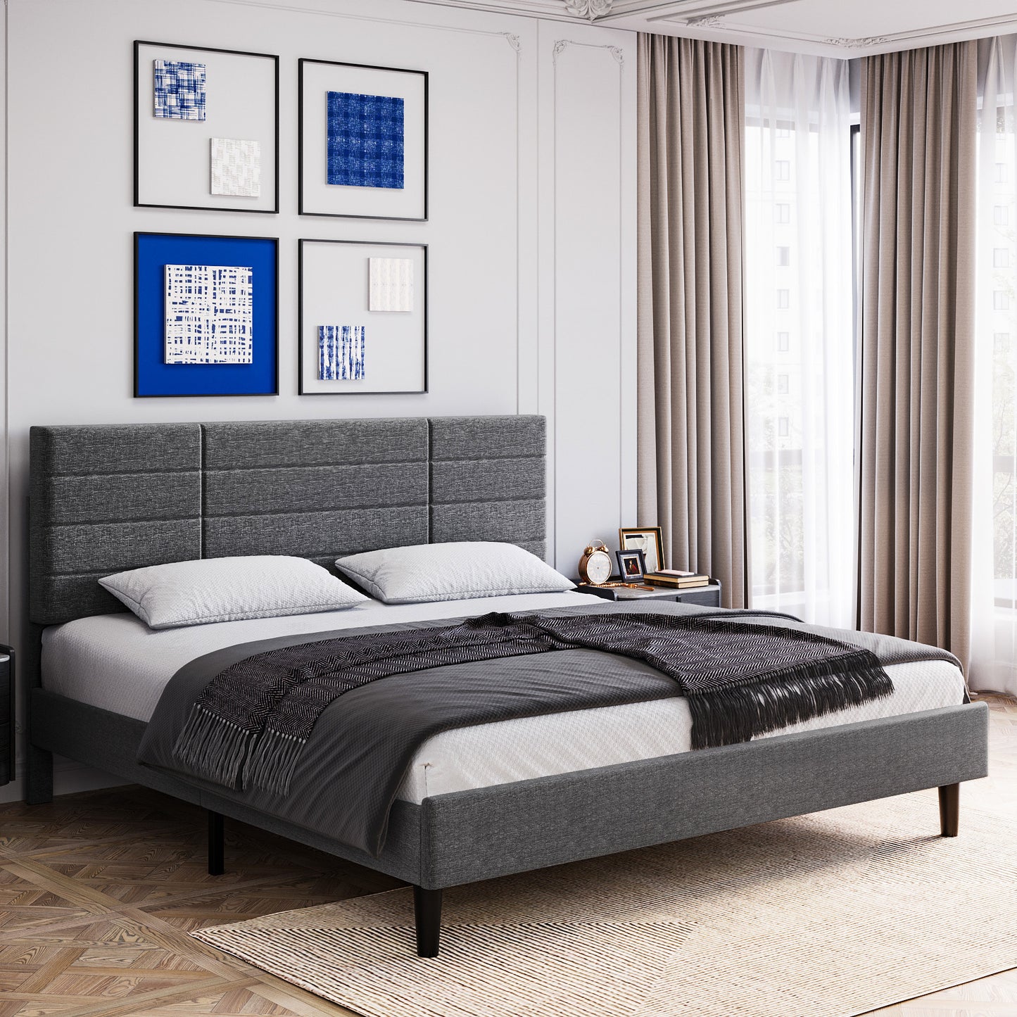 Molblly Queen Size Bed Frame with Upholstered Headboard, Strong Frame, and Wooden Slats Support, Non-Slip and Noise-Free, No Box Spring Needed, Easy Assembly, Dark Grey