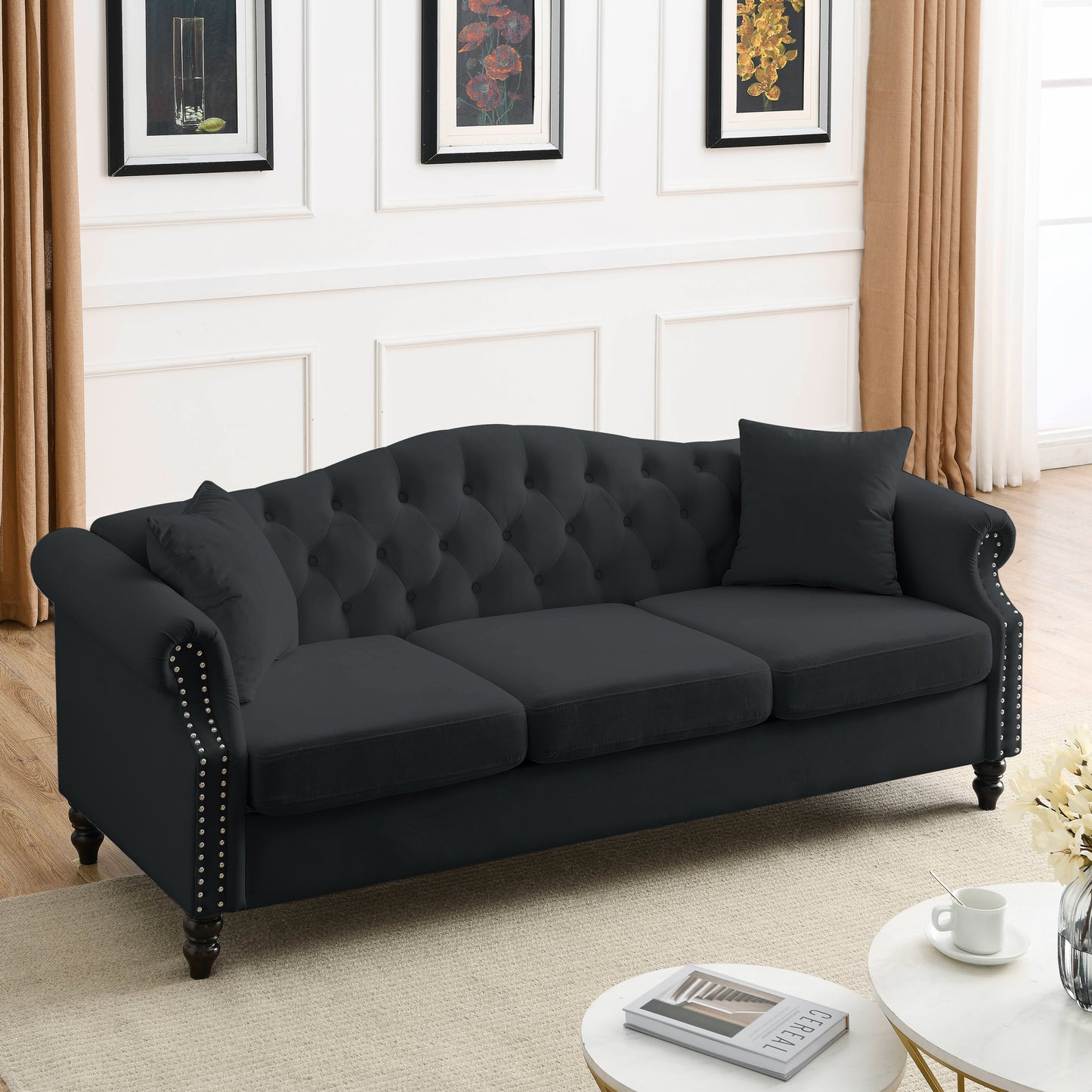 [Video] 79" Chesterfield Sofa Black Velvet for Living Room, 3 Seater Sofa Tufted Couch with Rolled Arms and Nailhead for Living Room, Bedroom, Office, Apartment, 3S+3S