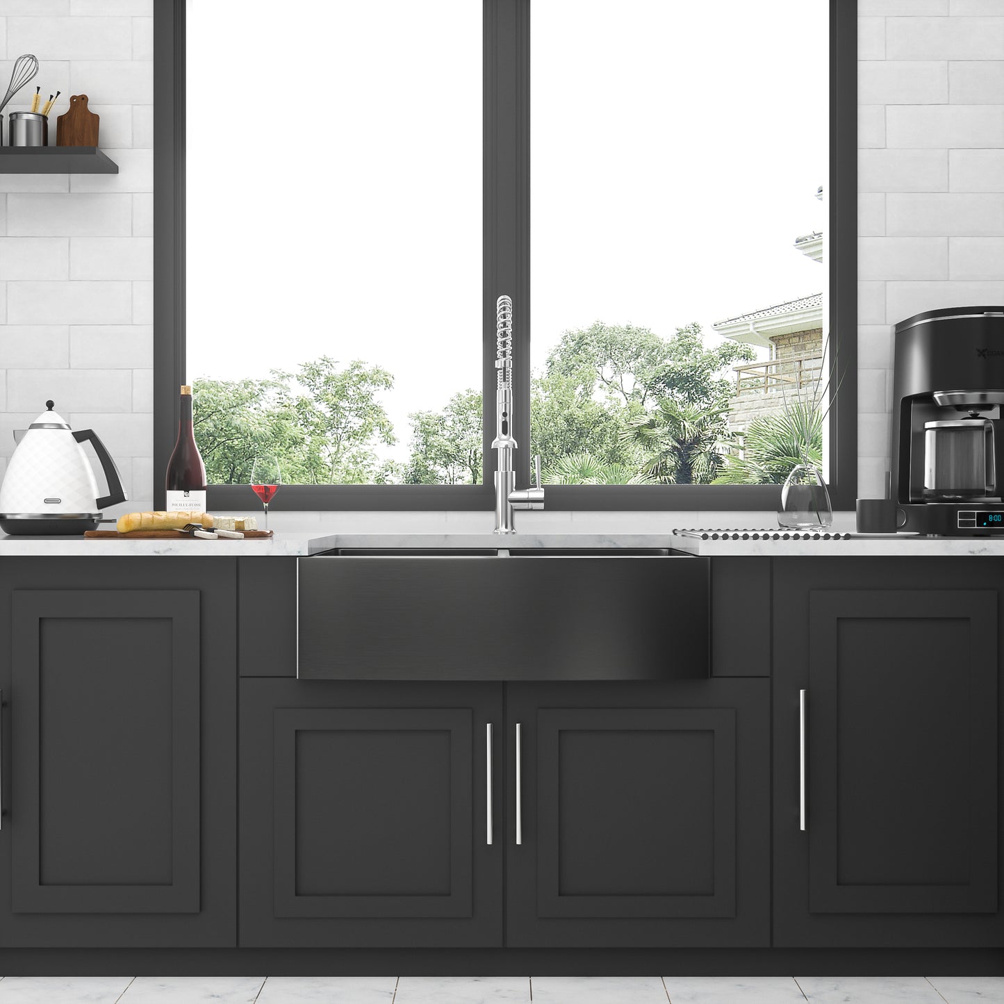 Gunmetal Black Dual Basin Stainless Steel Farmhouse Sink with X-Shaped Water Guide