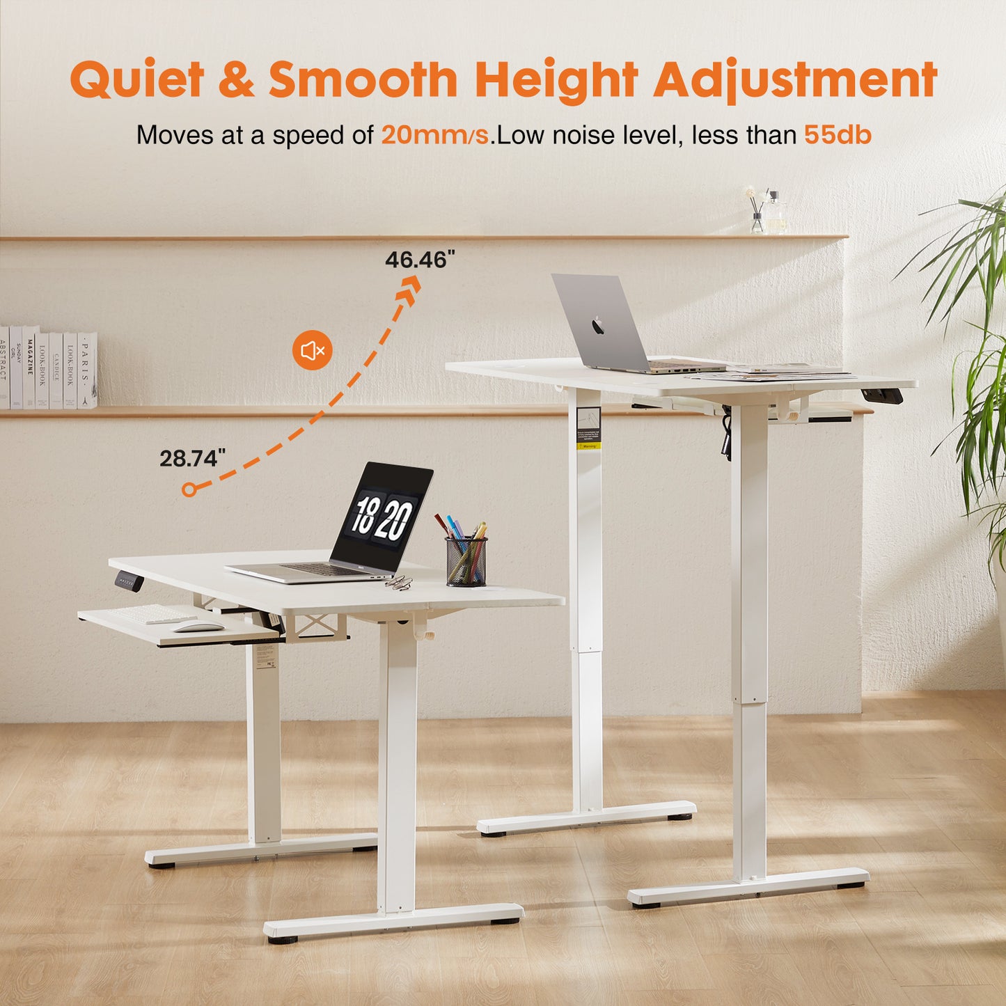 Height-Adjustable Electric Desk with White Keyboard Tray, 55 x 24 Inches