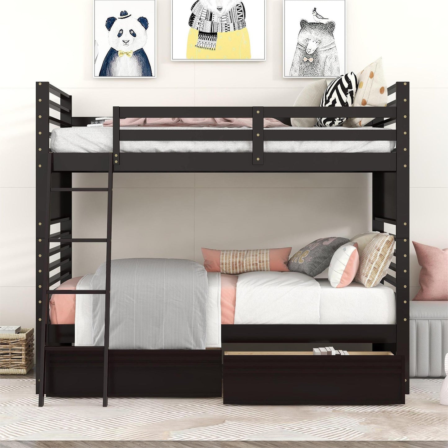 Espresso Twin Bunk Bed with Storage Drawers for Space Optimization