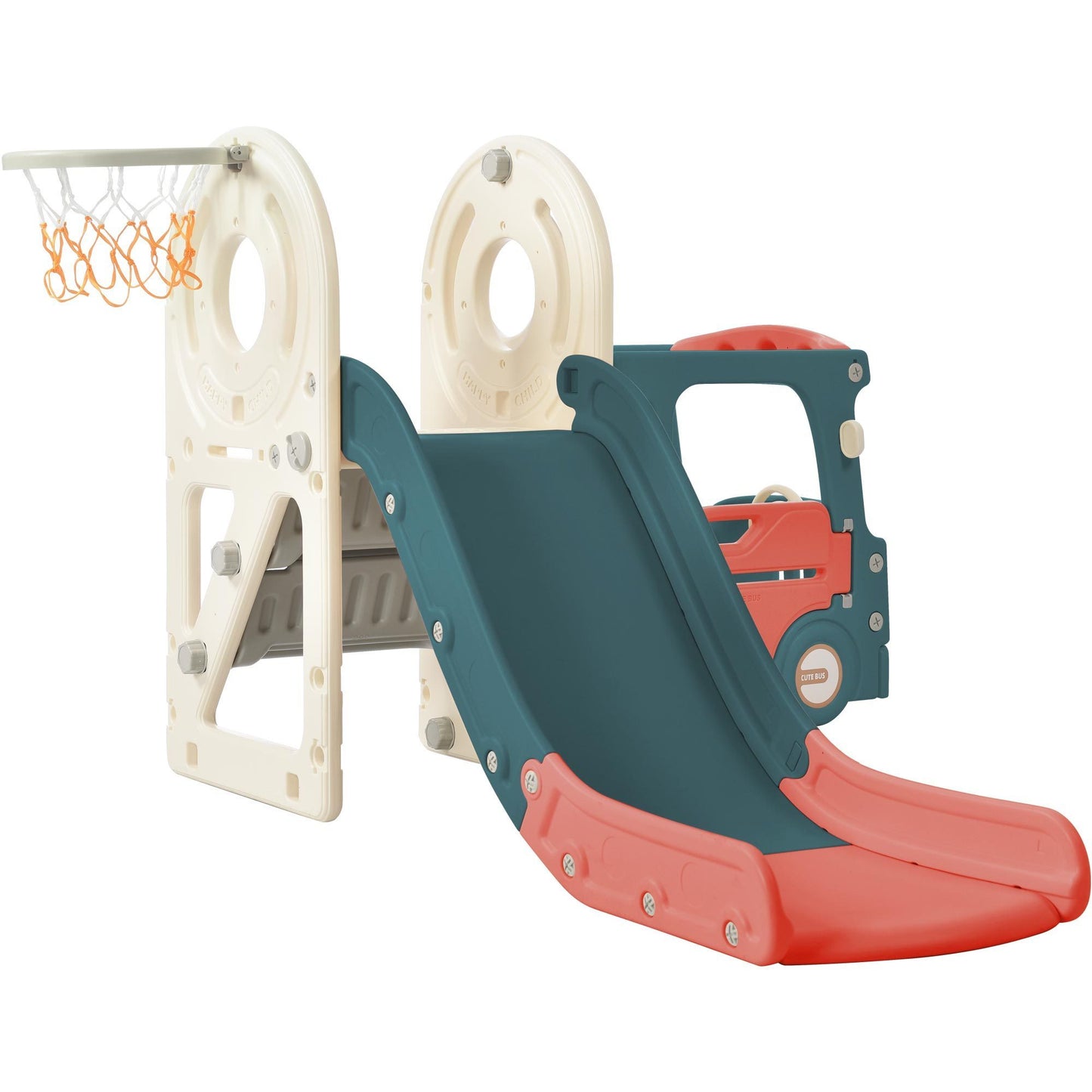 Children's Freestanding Bus Slide and Play Structure with Basketball Hoop