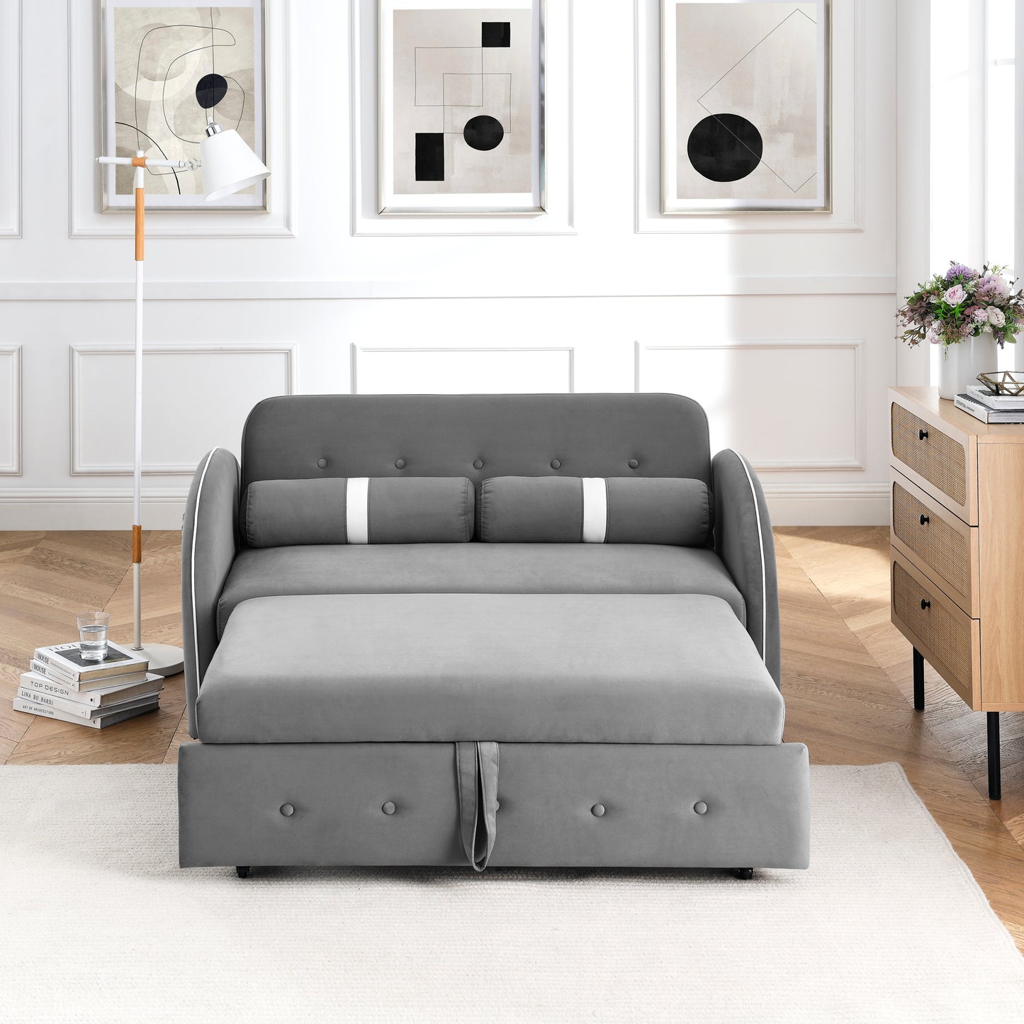 Modern 55.5" Pull Out Sleep Sofa Bed 2 Seater Loveseats Sofa Couch with side pockets, Adjsutable Backrest and Lumbar Pillows for Apartment Office Living Room