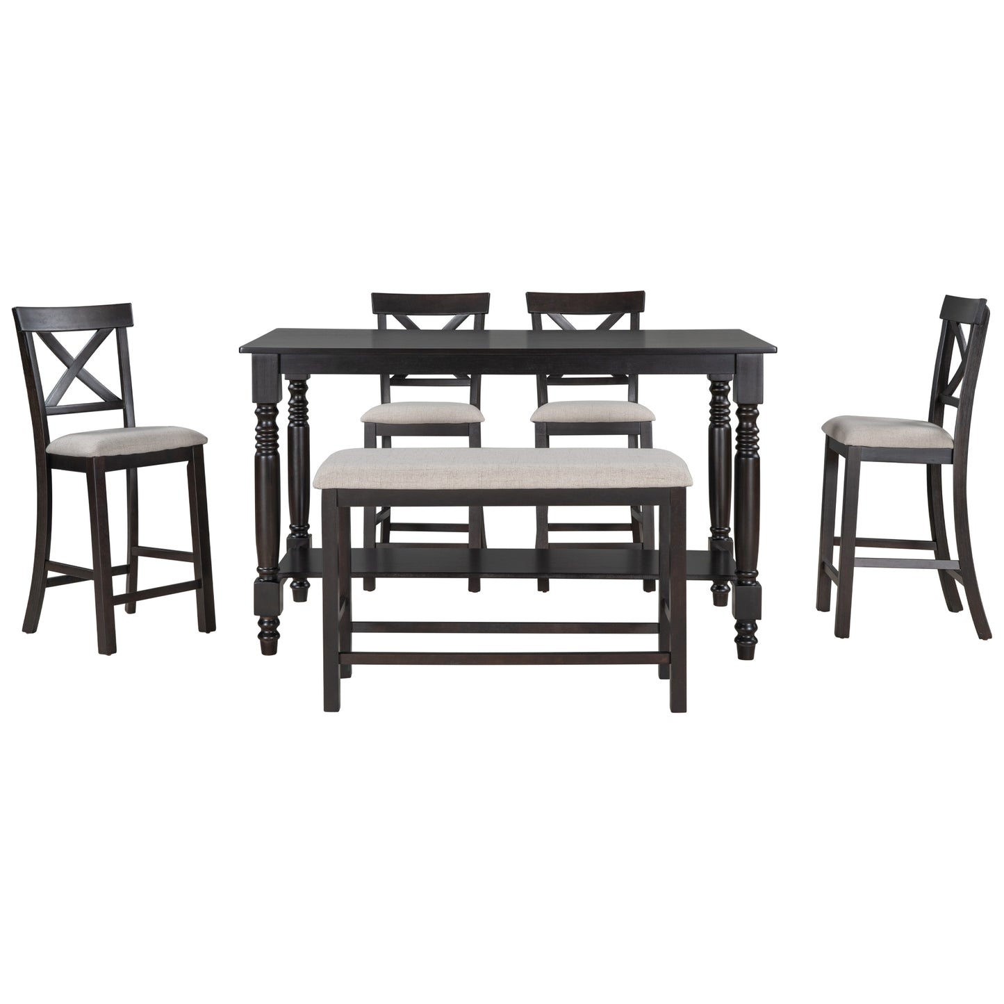 TREXM 6-Piece Counter Height Dining Table Set Table with Shelf 4 Chairs and Bench for Dining Room (Espresso)