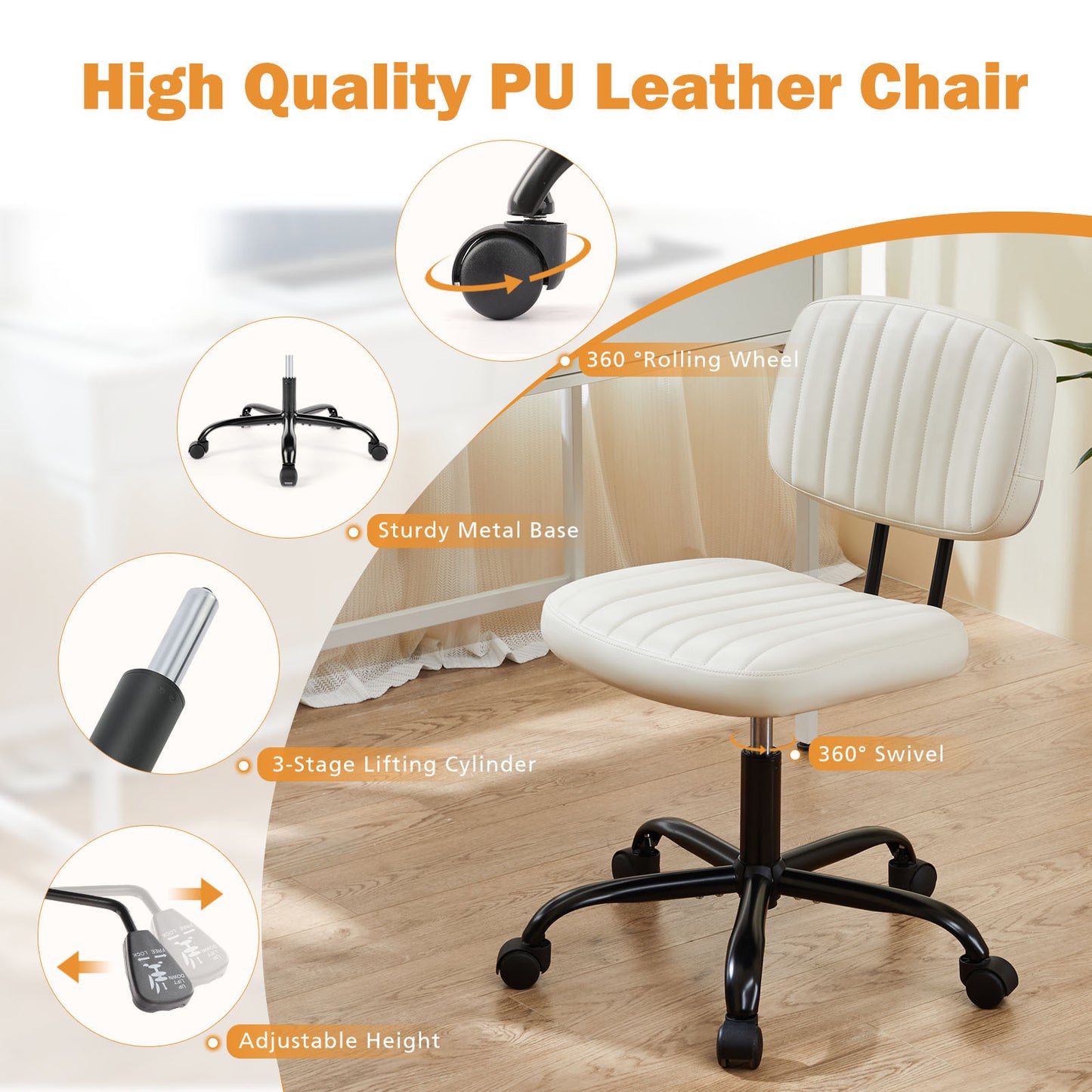 SWEETCRISPY PU Leather Low Back Task Chair Small Home Office Chair with Wheels