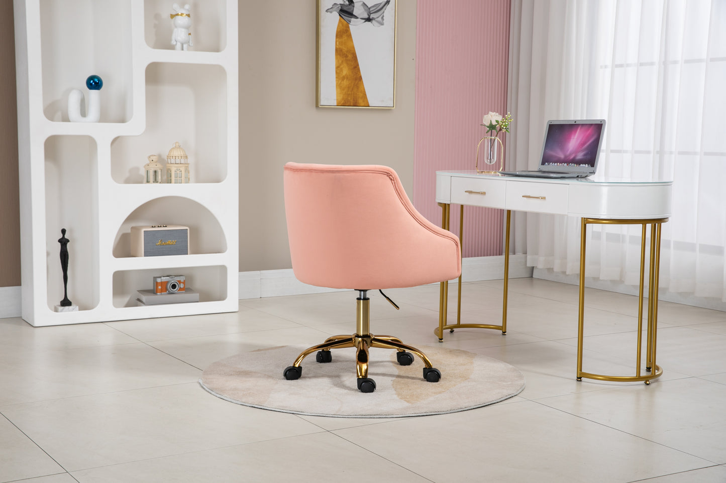 Velvet Fabric Pink Desk Chair for Home Office, Swivel Task Modern Design Chairs Bedroom Girls Women,