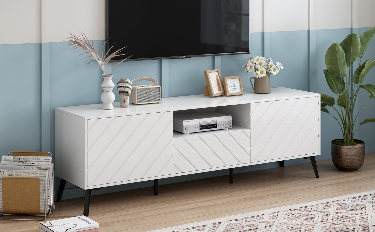 Contemporary TV Console with Adjustable Shelves and Metal Feet for TV up to 70 inch, Living Room Media Stand with Drawer