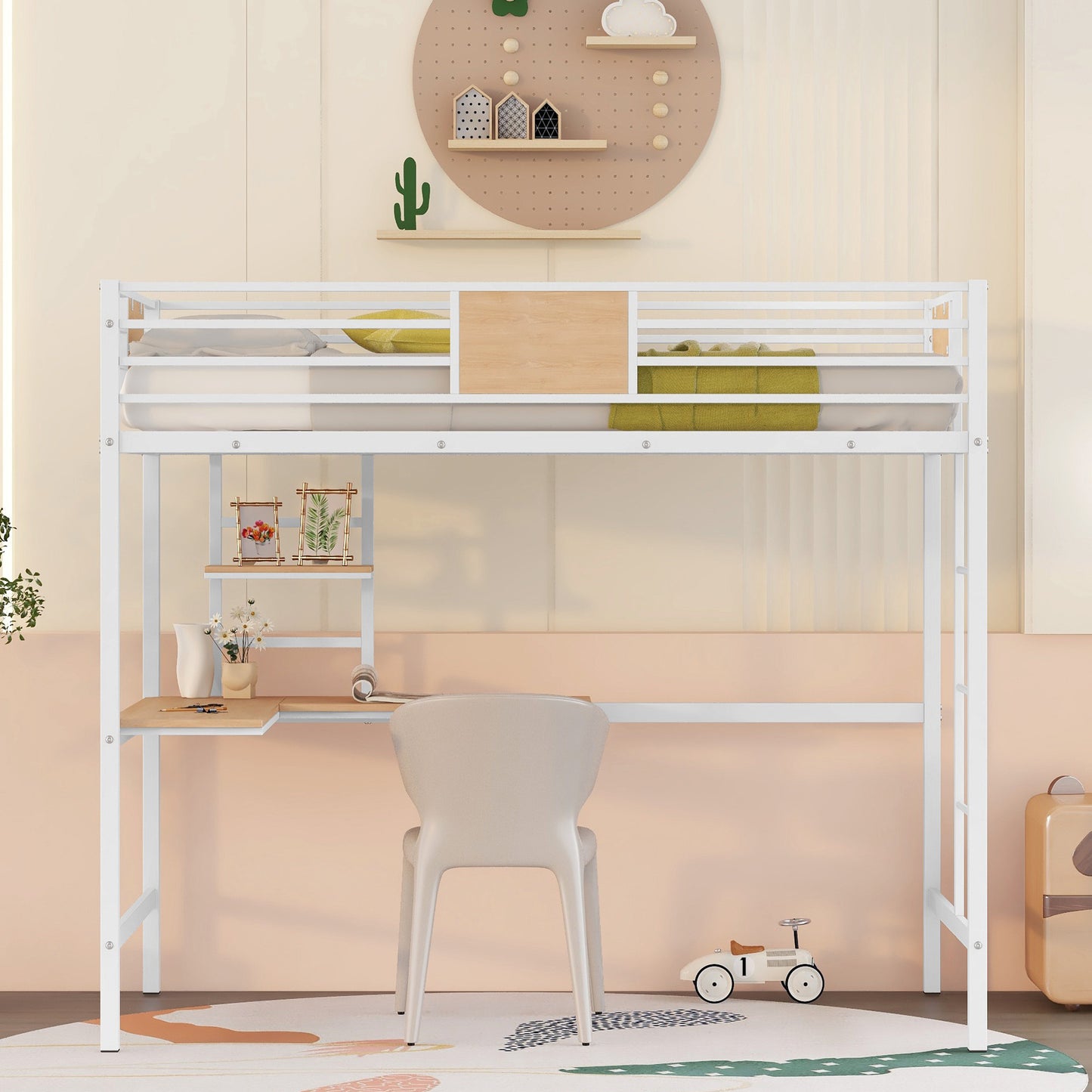 Twin Metal Loft Bed with Desk and Shelve,White