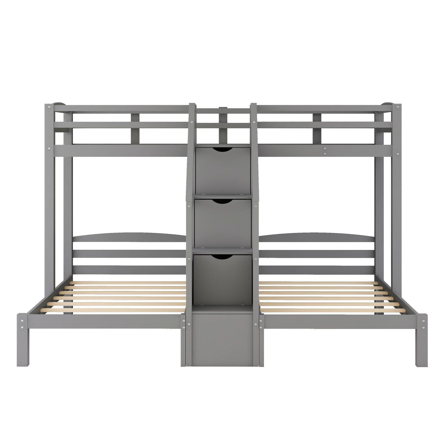 Gray Triple Twin Bunk Bed with Staircase and Storage Drawer