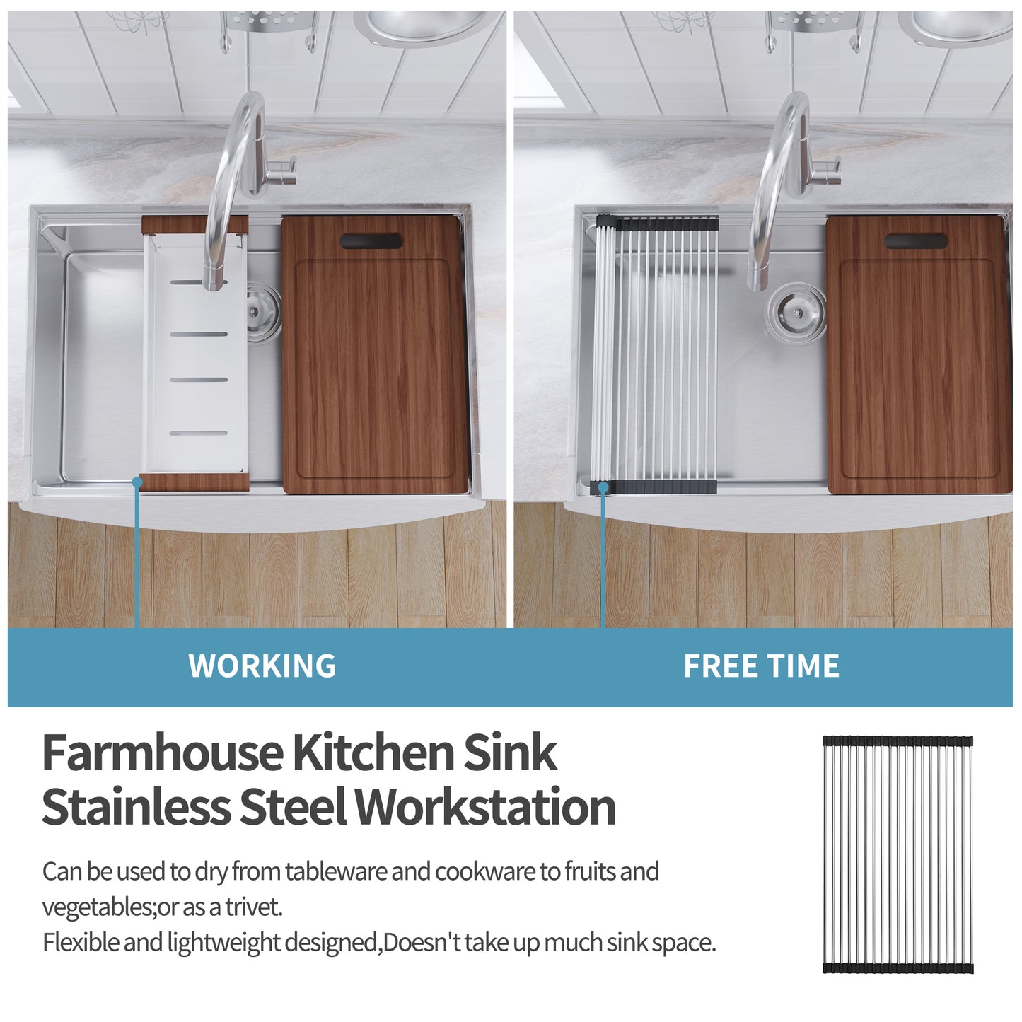 33-inch Stainless Steel Farmhouse Apron Front Kitchen Sink with Integrated Ledge and Bonus Accessories