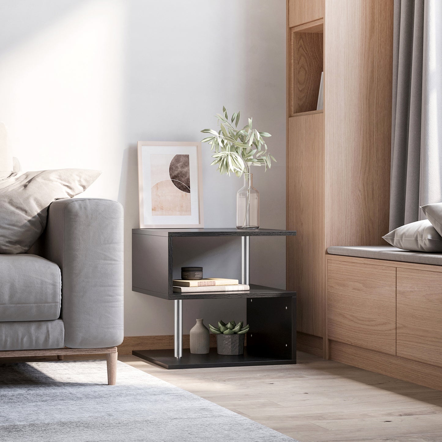 Black S-Shaped Modern Accent Table with Storage Shelf