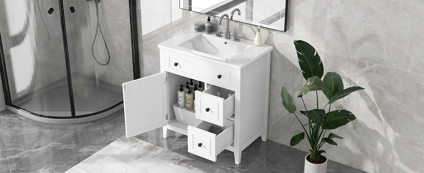 30" Bathroom Vanity with Sink Top, Bathroom Vanity Cabinet with Door and Two Drawers, Solid Wood Frame, One Package, White