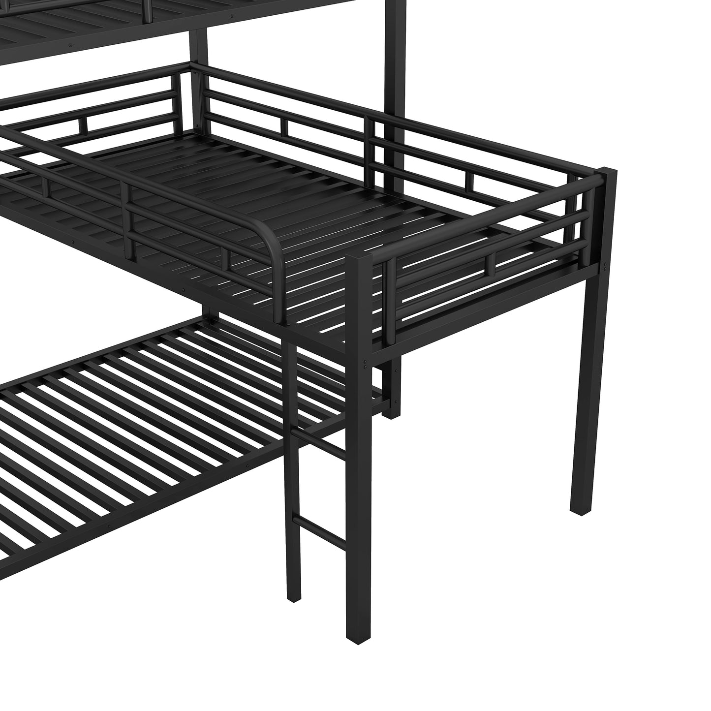 Black Metal Triple Bunk Bed with Desk and L-shaped Design