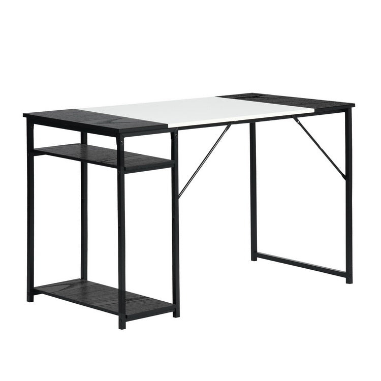 Large White and Black Study Desk with Adjustable Top and Storage Shelves