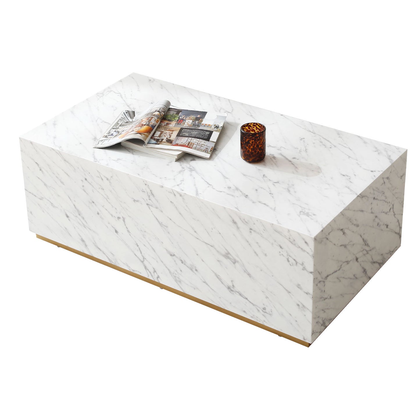 White Marble MDF Coffee Table with Elegant Gold Base and No Assembly Required
