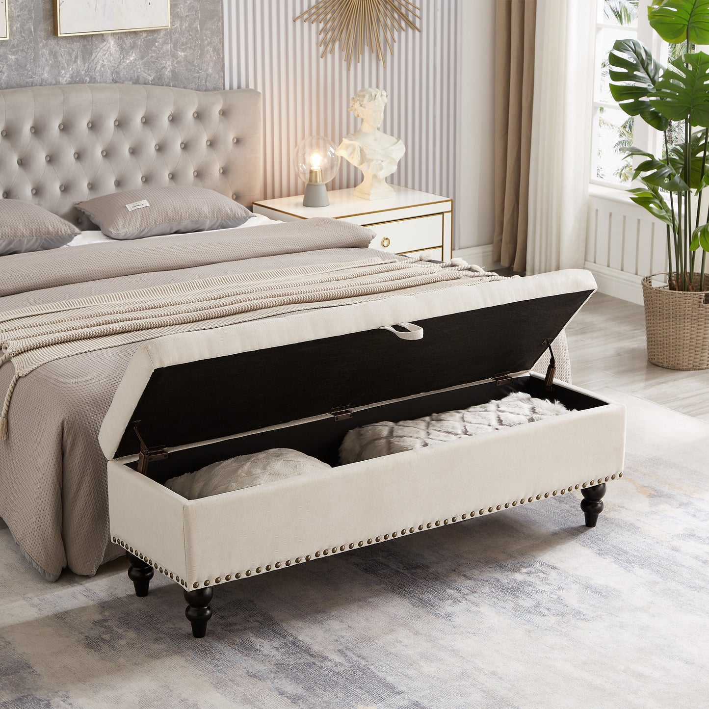 59" Bed Bench Ottoman with Storage  Beige Fabric