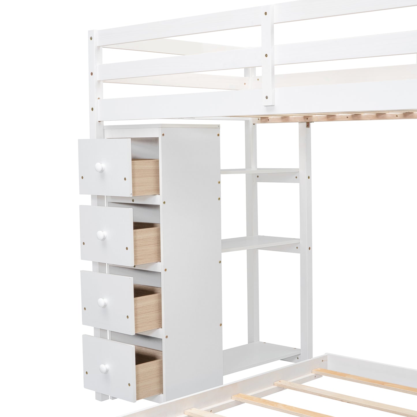 White Twin Over Full Bunk Bed with Storage Stairs & Drawers for Space-Saving Solution