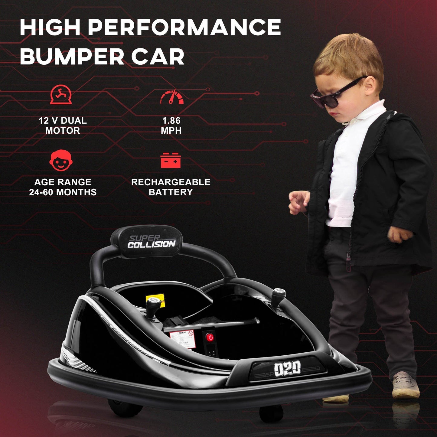 Aosom 12V Toddler Bumper Car with Remote Control, 360° Rotation Kids Electric Ride-On Toy, Twins Motor, Colorful LED Lights, 3 Songs, for Boys and Girls, Black